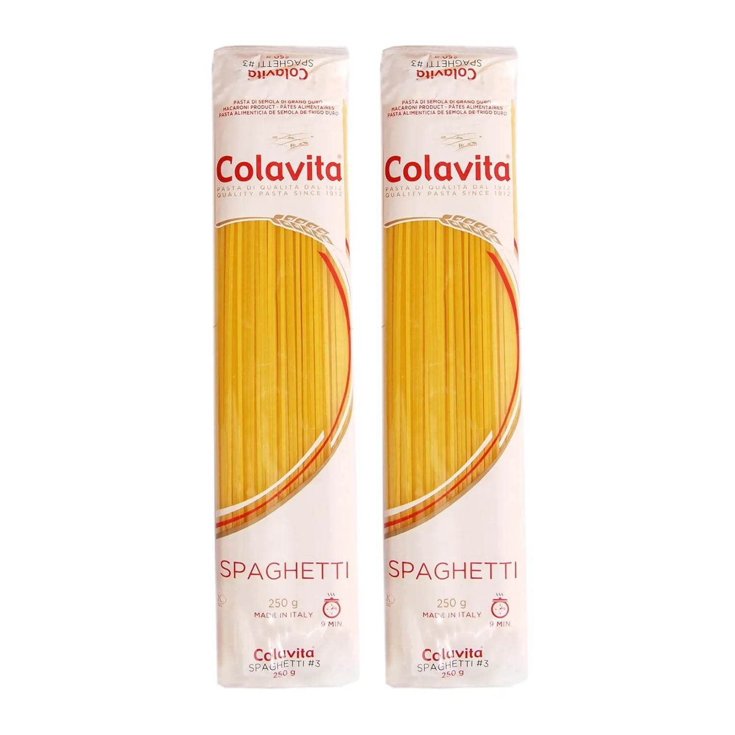 Two boxes of Colavita Spaghetti on a white background