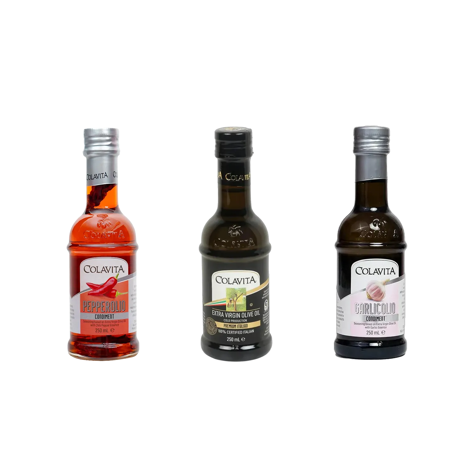 Colavita Best Combo Deal | Garlicolio (250 ml), Pepperolio (250 ml) & Extra Virgin Olive Oil (250 ml