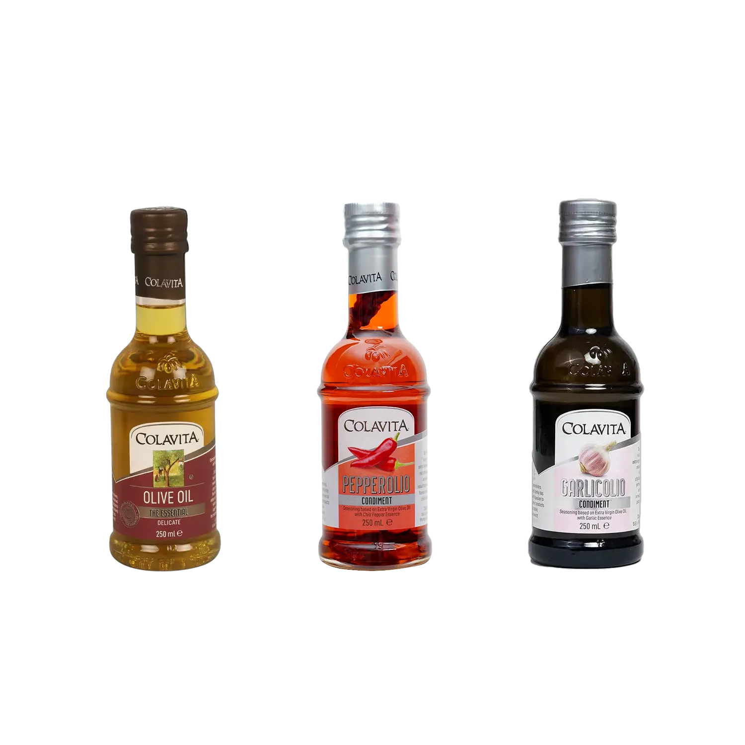 Colavita Best Combo Deal | Garlicolio (250 ml), Pepperolio (250 ml) & Pure Olive Oil (250 ml)