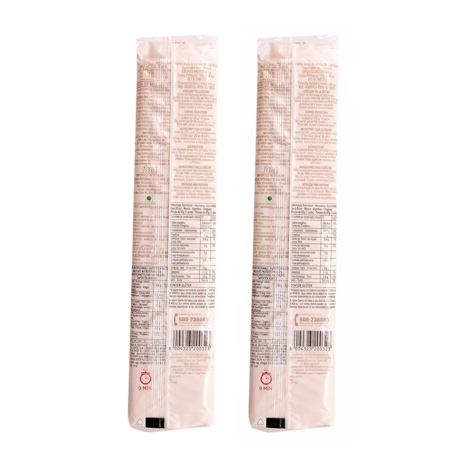 Two cylindrical packages with text and a barcode on a white background