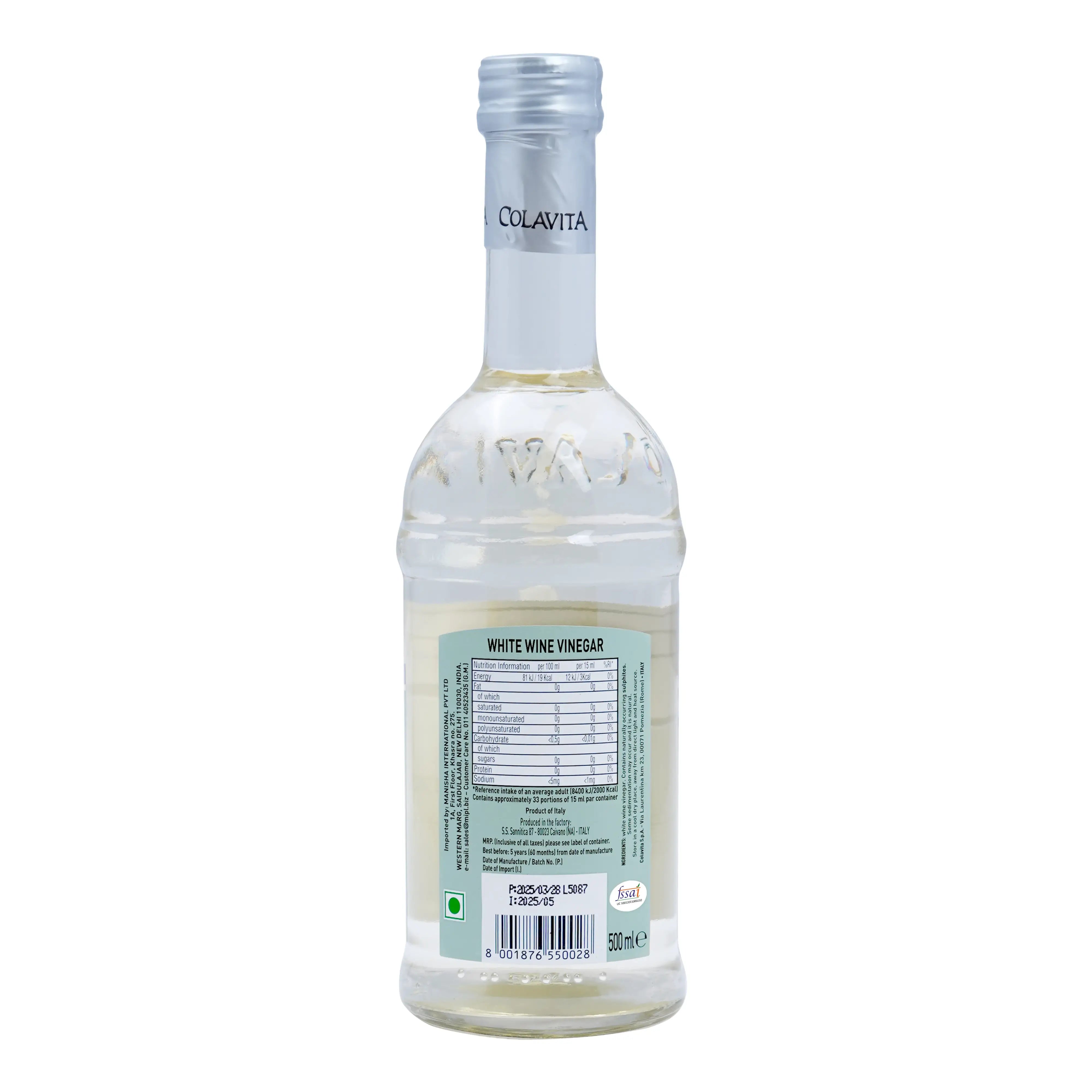 Bottle of Colavita white wine vinegar on a white background