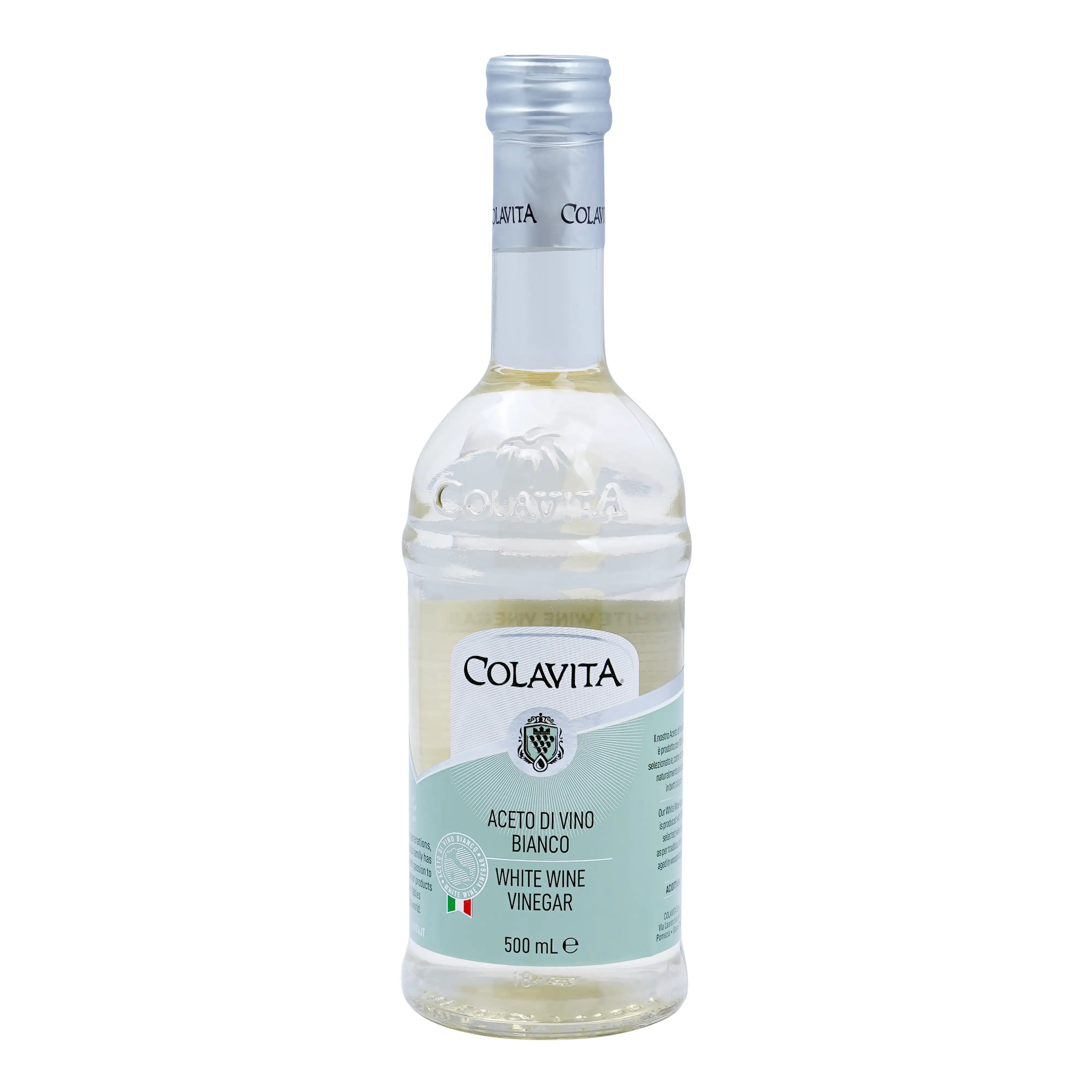 Bottle of Colavita white wine vinegar on a white background