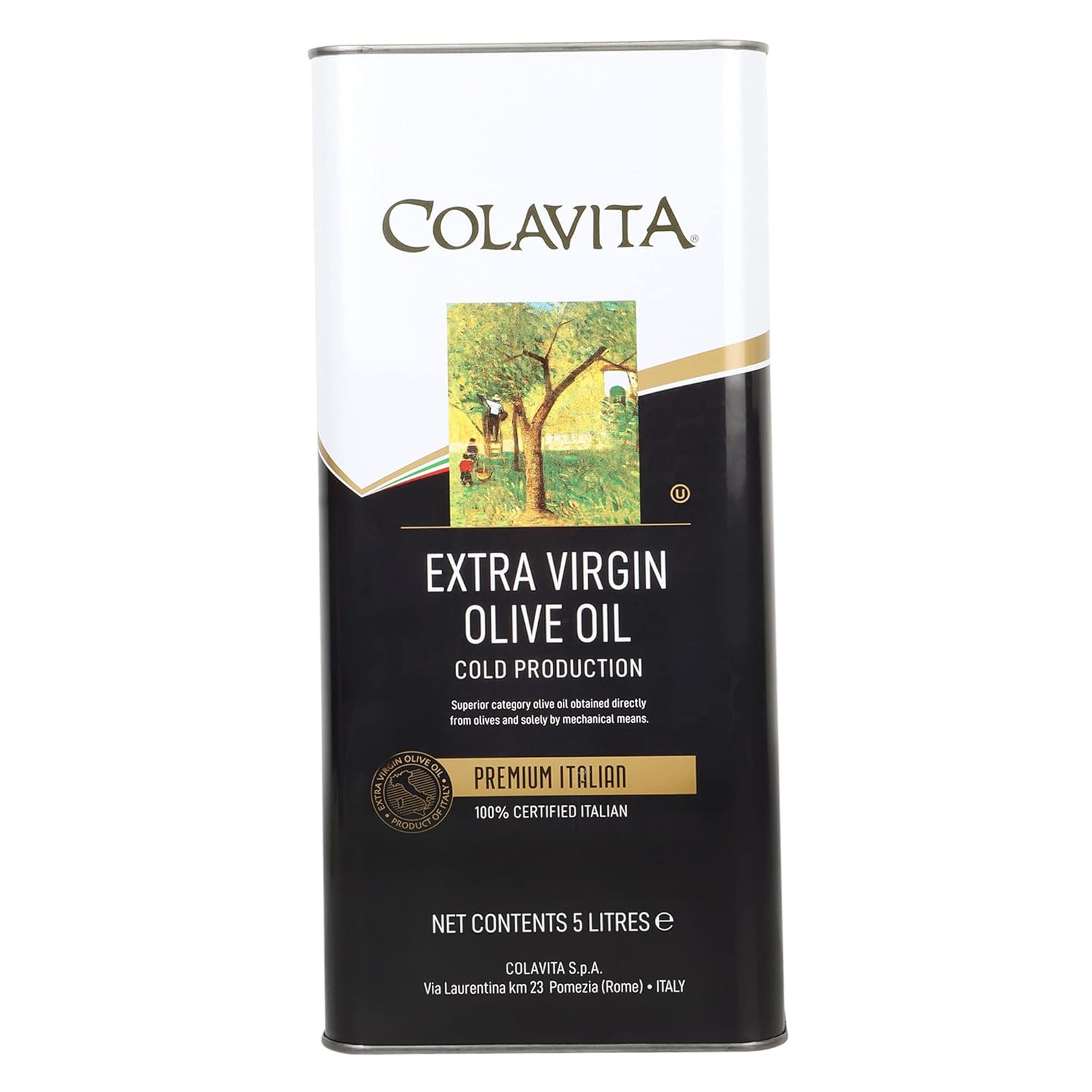 A 5-liter bottle of Colavita Extra Virgin Olive Oil with a label depicting an olive tree and the brand's logo.