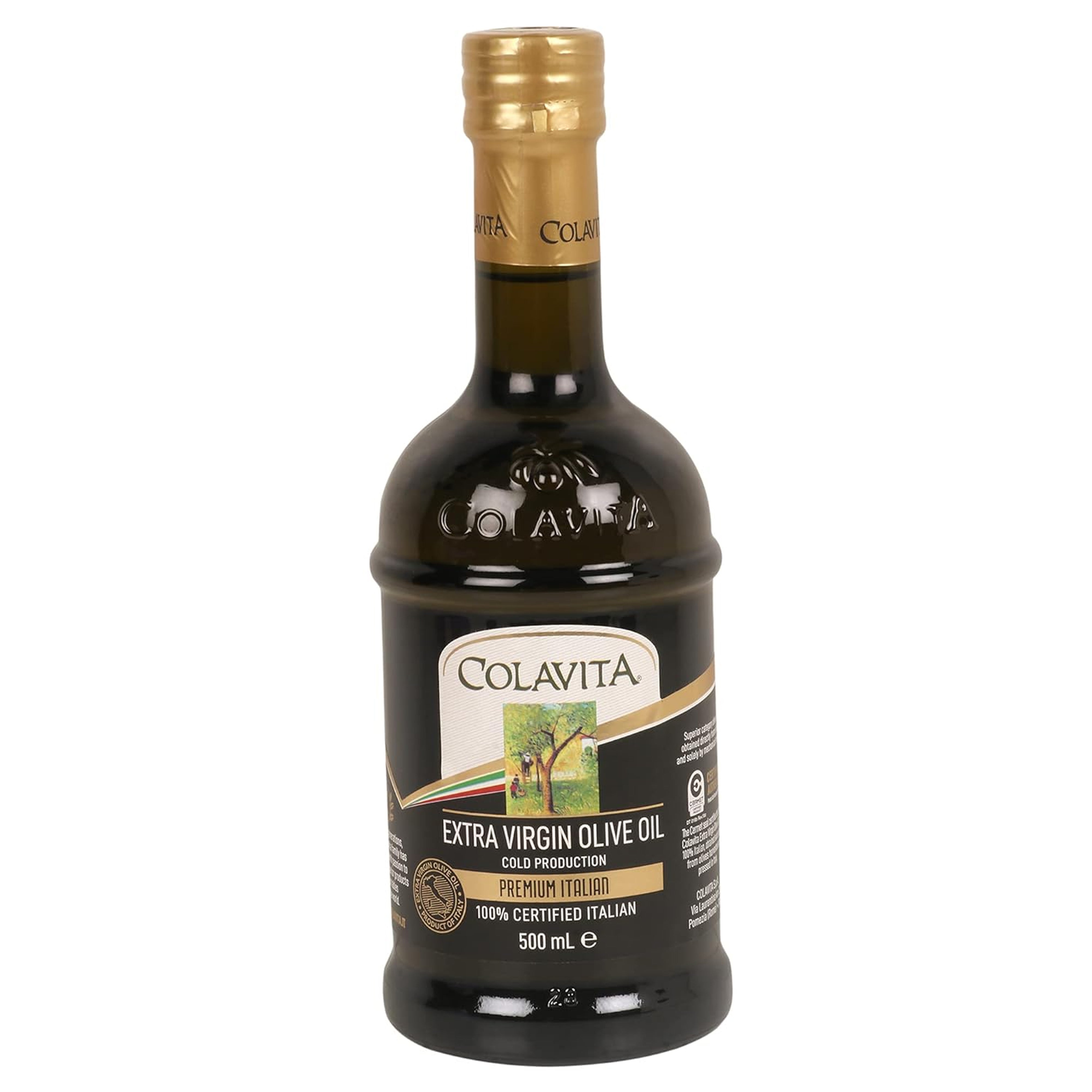 A bottle of Colavita Extra Virgin Olive Oil with a label indicating it is pure Italian elegance for your kitchen, with a capacity of 500 ml.
