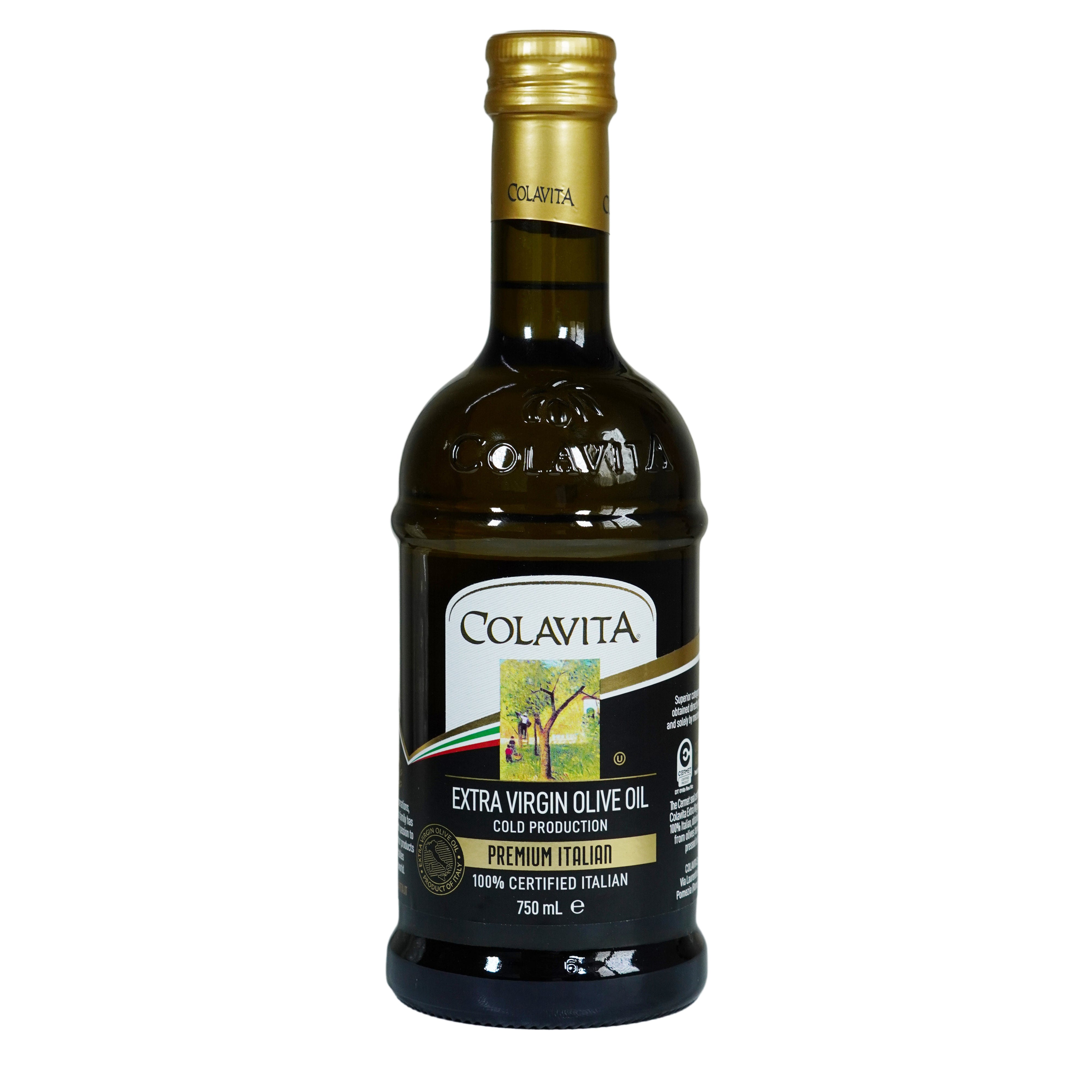A bottle of Colavita Extra Virgin Olive Oil, 750 ml, with a green label and gold accents on the cap and label.
