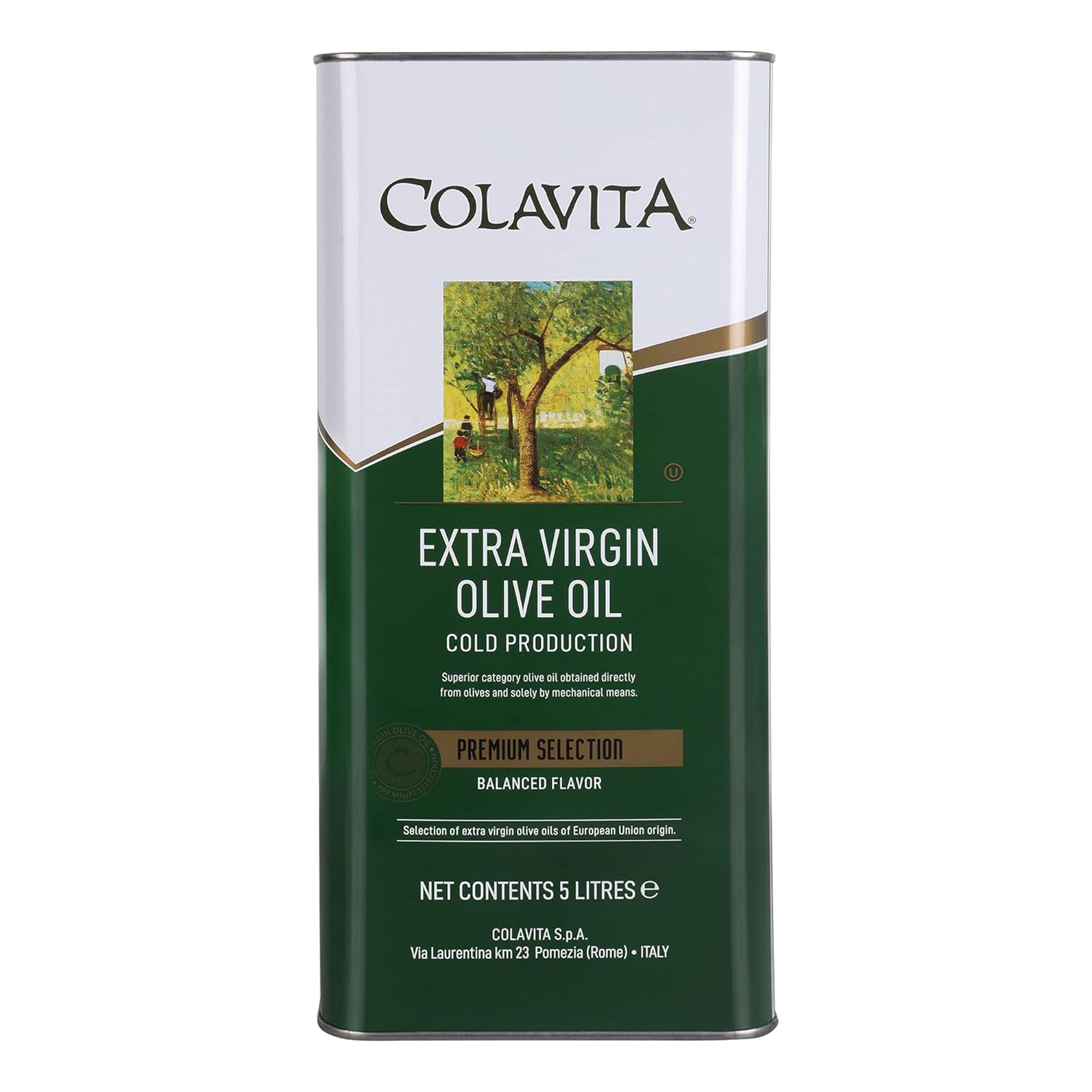 A 5-liter tin of Colavita Premium Selection Extra Virgin Olive Oil with a label depicting an olive tree and fruits, indicative of the product's Italian origin and extra virgin quality.