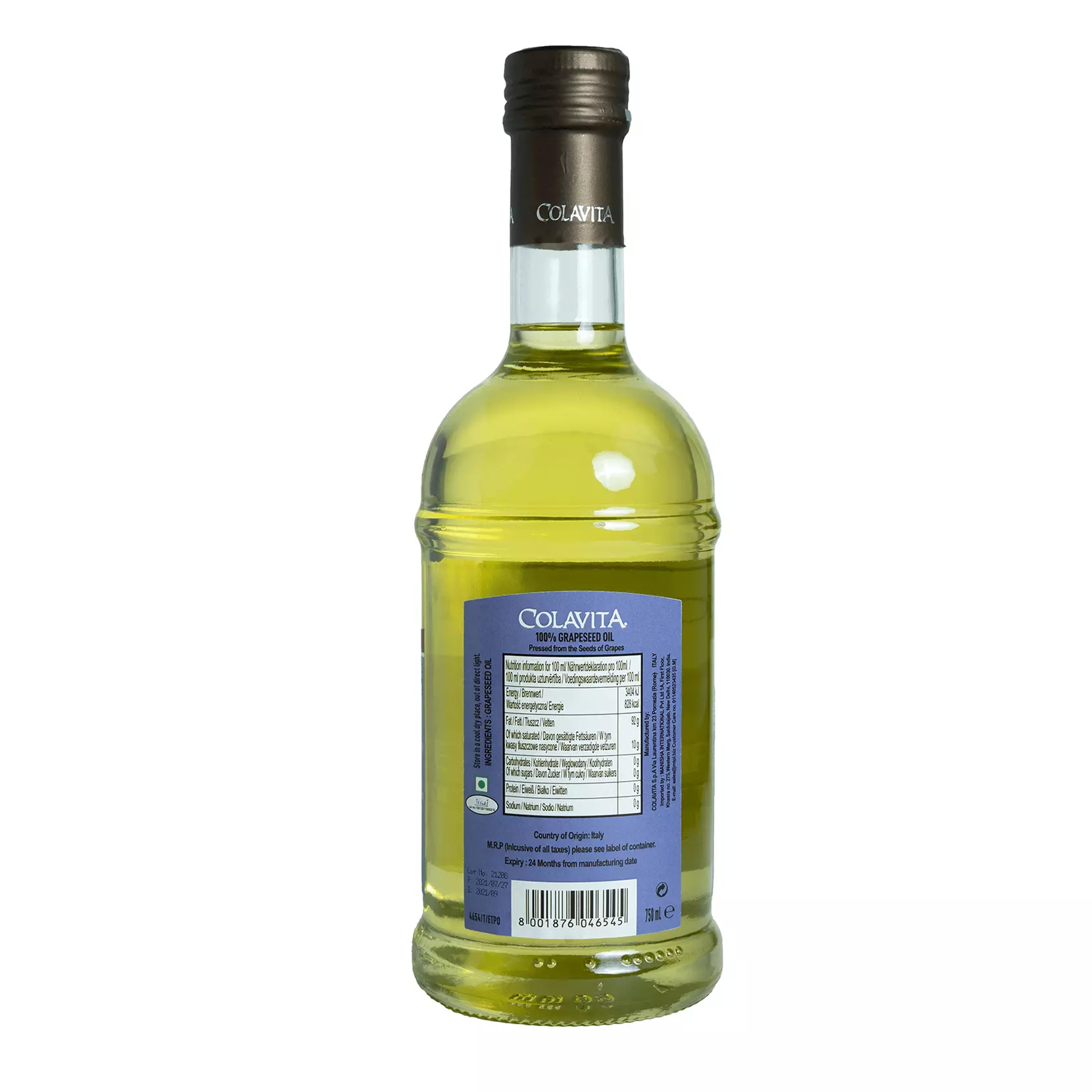Colavita Grapeseed Oil – Ideal for Skin Lightening, Hair Care and Gourmet Cooking (750 ml)