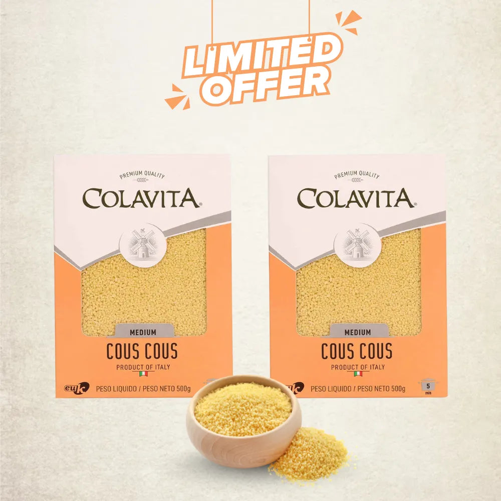 Two packages of Colavita couscous with a bowl of couscous on a light background.