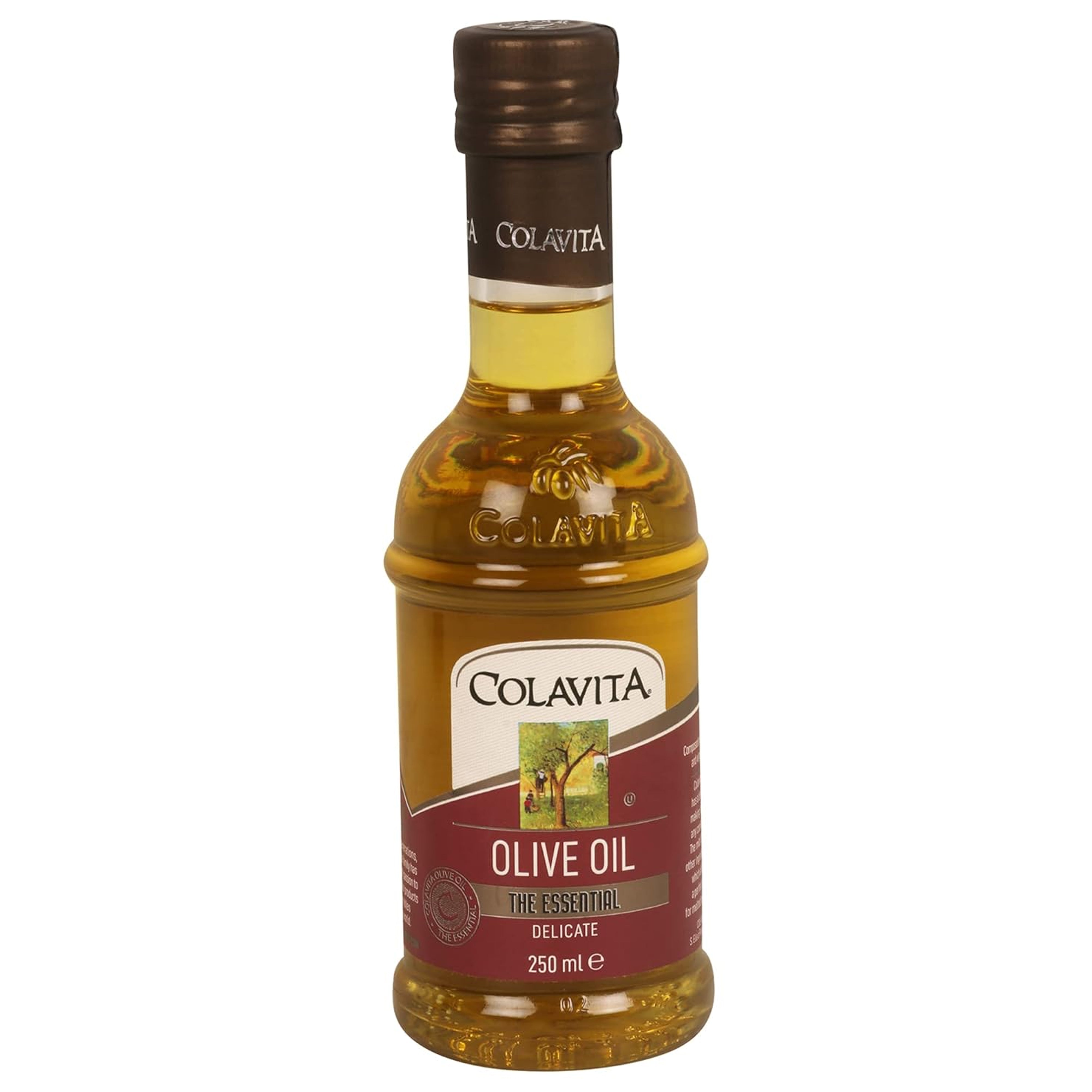 A bottle of Colavita Pure Olive Oil with a label showing the brand name and product type. The bottle is clear, revealing the light yellow oil inside, and it has a dark cap.