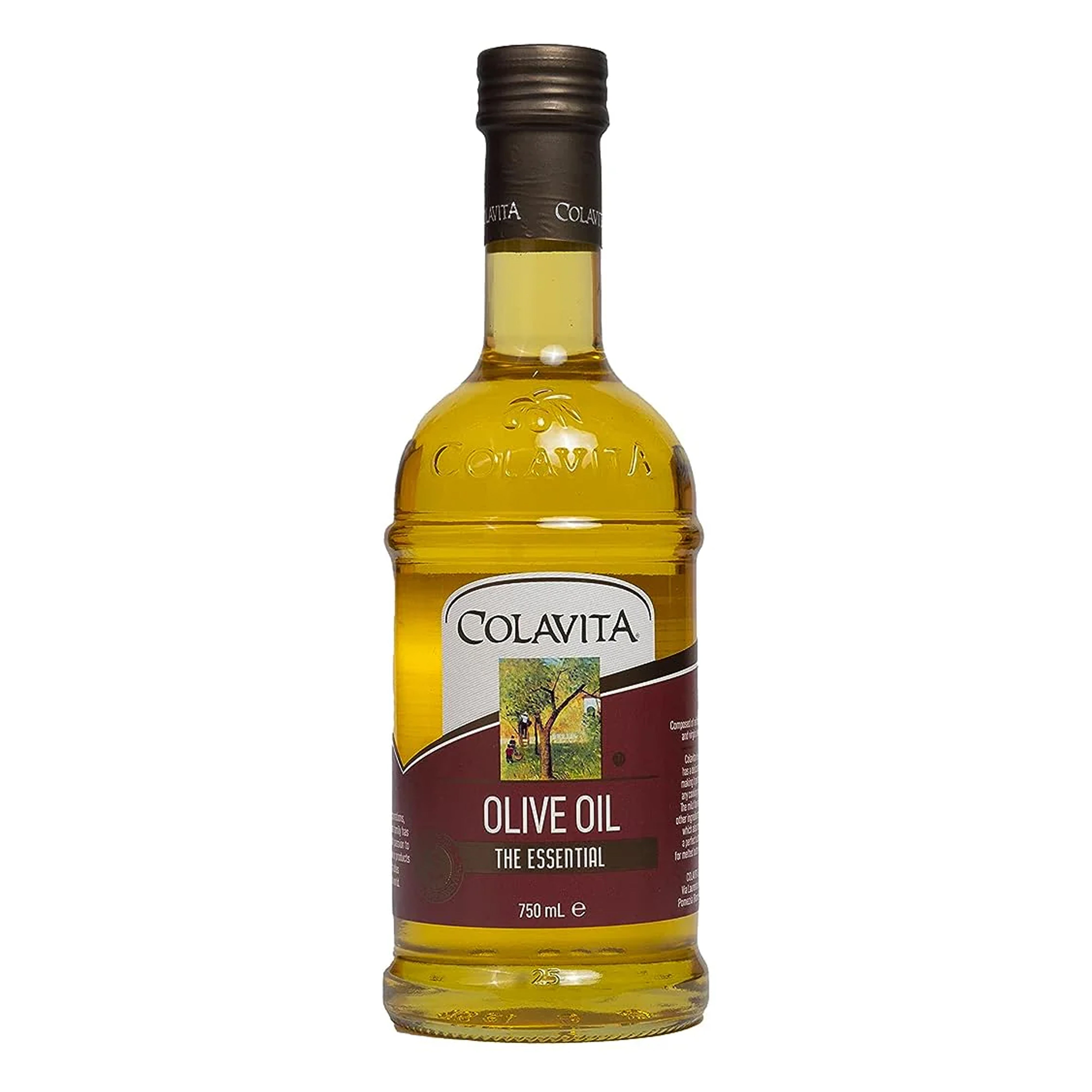 A bottle of Colavita Pure Olive Oil, 750 ml, displaying the label and cap against a white background.