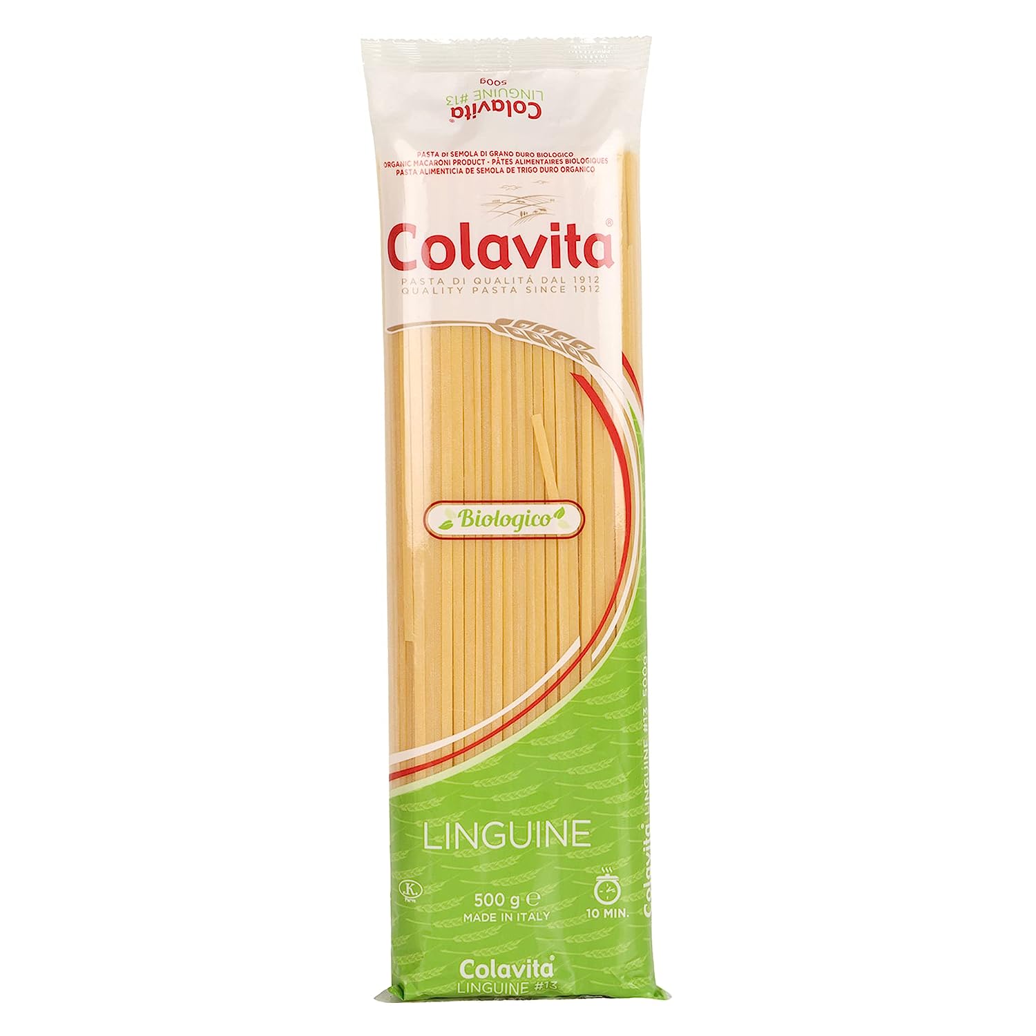 Package of Colavita Organic Linguine Pasta, displaying the pasta strands visible through the packaging, with green and white branding.