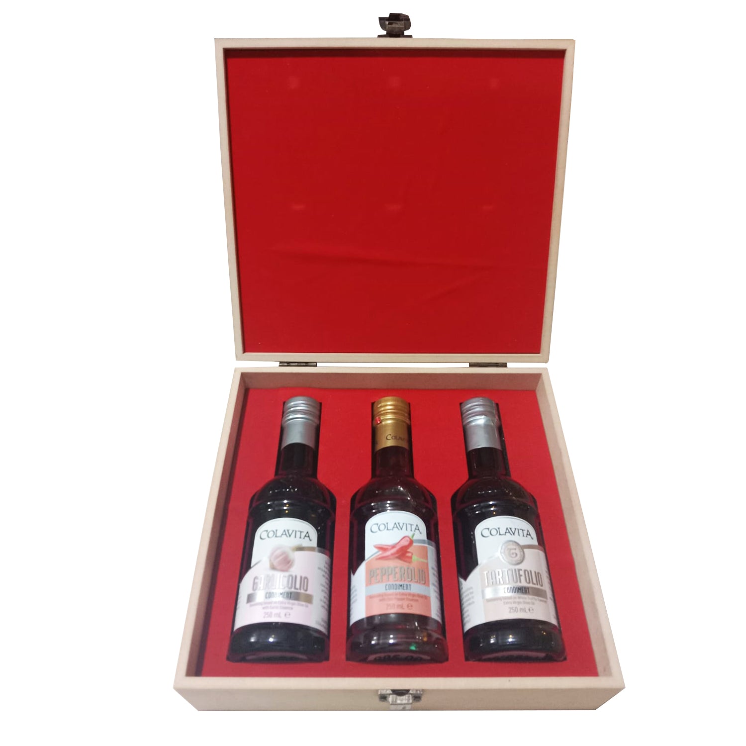Colavita Italian Tartufolio/Truffle Flavoured Oil, Pepperolio & Garlicolio Olive Oil | Imported from Italy | Premium for Cooking, Salad Dressings and Marinades | Wooden Box Gift Set | 250 ml X 3