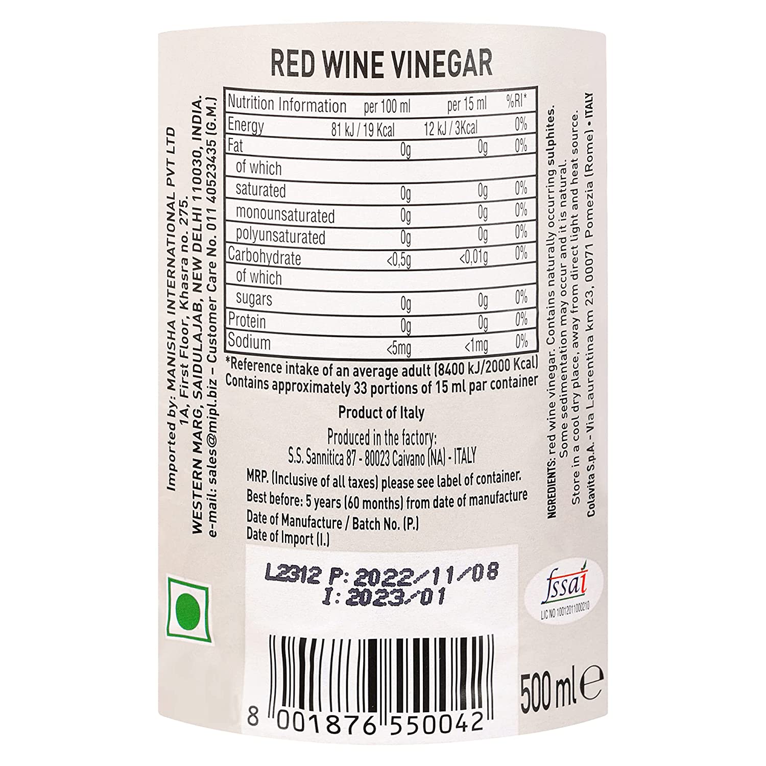 Colavita Red Wine Vinegar 500 ml – 100% Italian and No Artificial Colors (500 ml)
