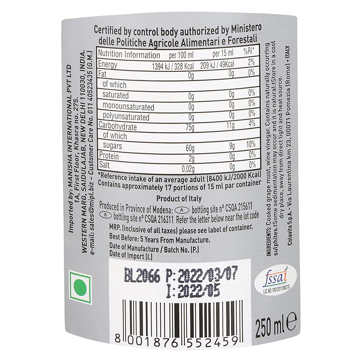 Colavita Aged Balsamic Vinegar of Modena – A Gourmet Masterpiece (250 ml)