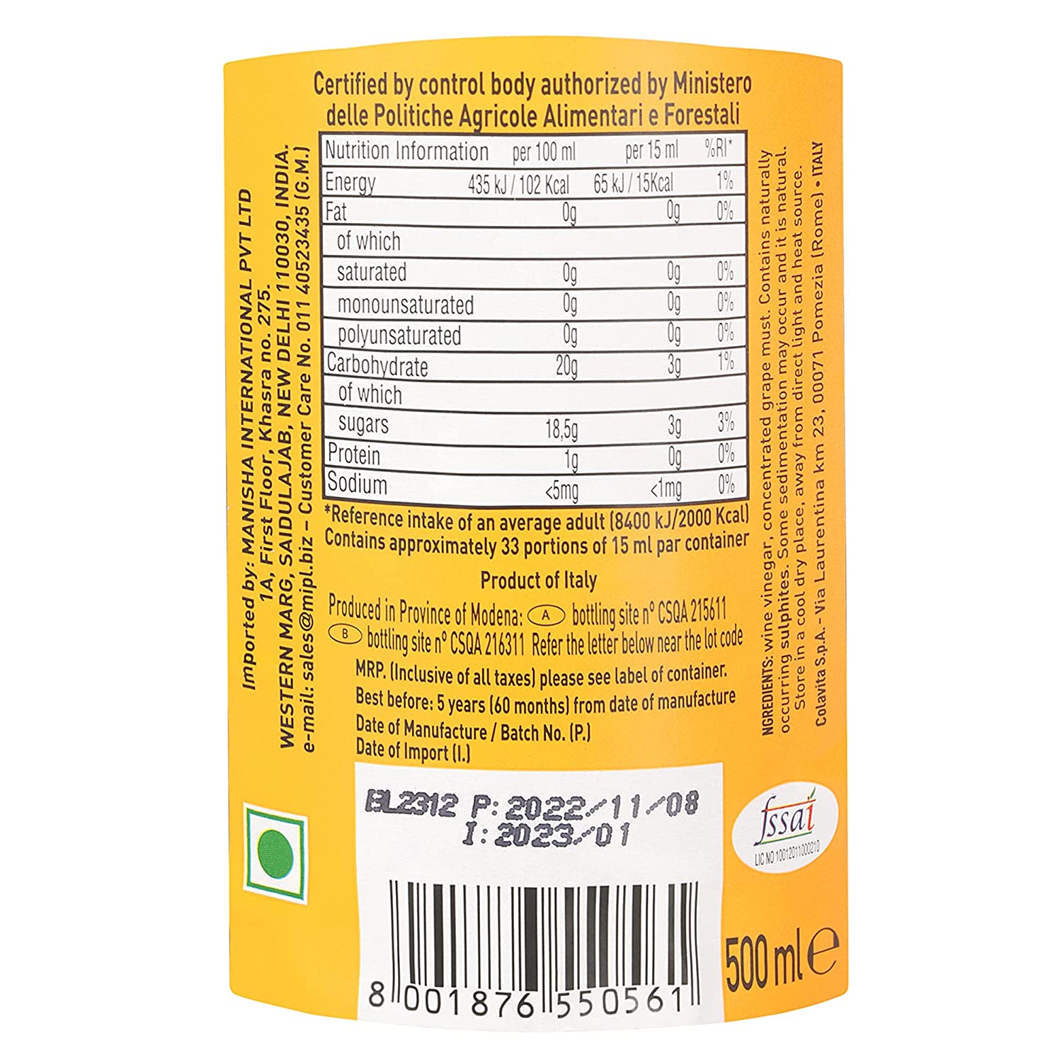 Colavita Balsamic Vinegar of Modena – Authentic Italian Richness (500 ml)