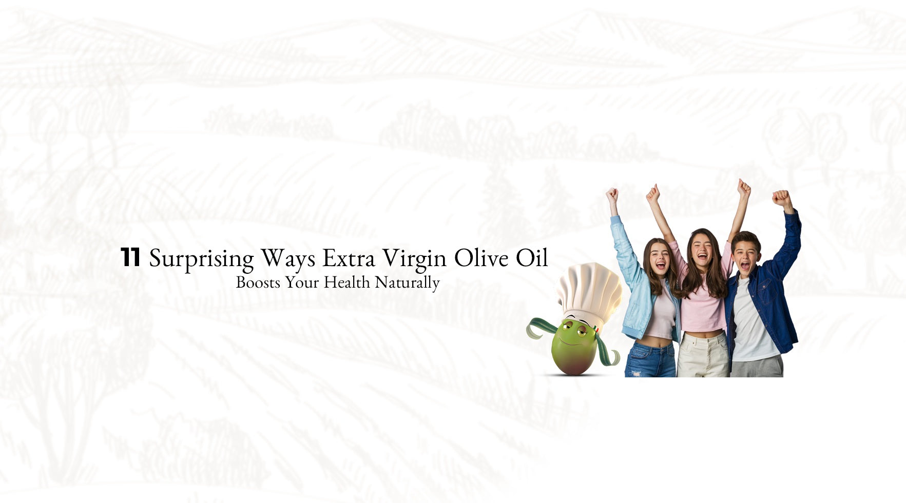 Happy teens celebrating healthy living with extra virgin olive oil mascot