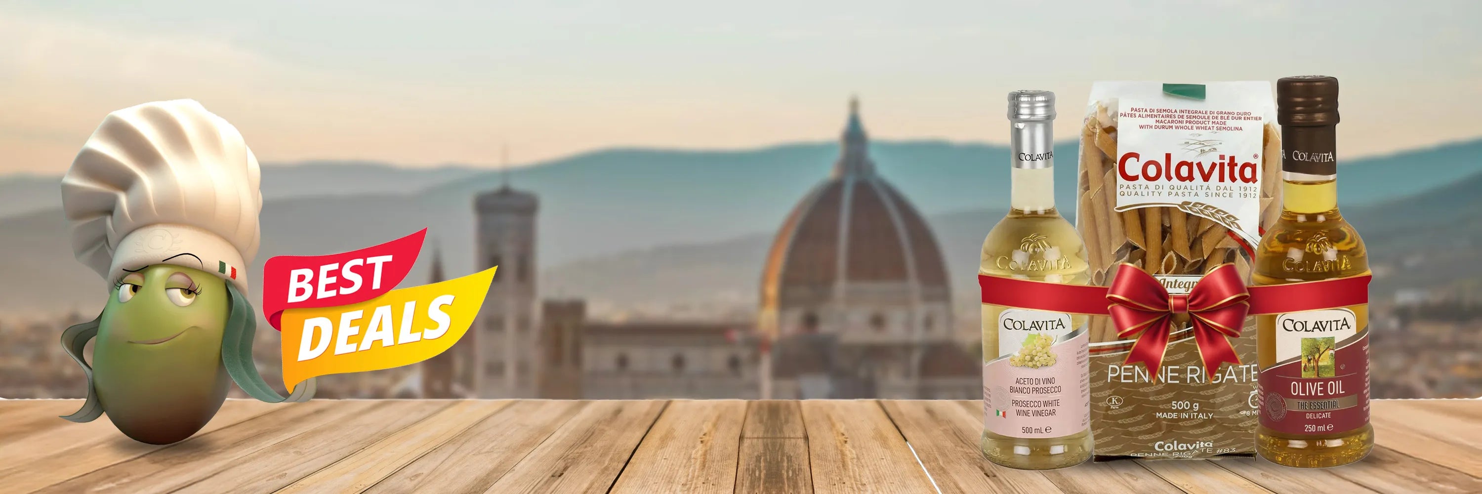 Colavita pasta and olive oil products with a scenic background