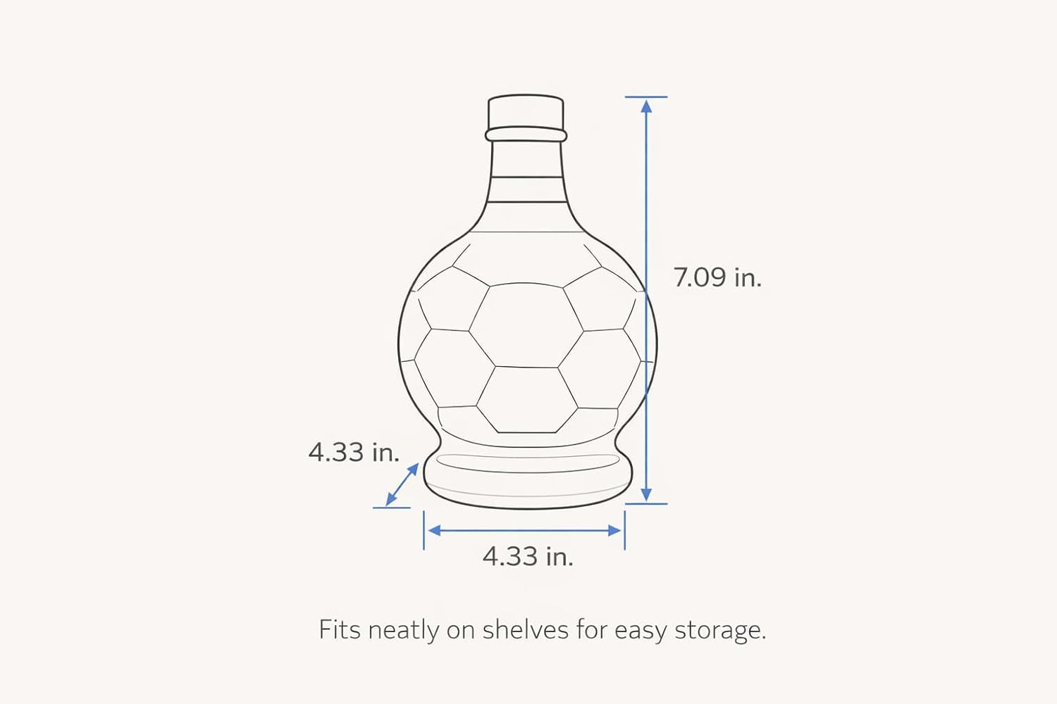 Measurement chart of a decorative bottle with dimensions on a white background