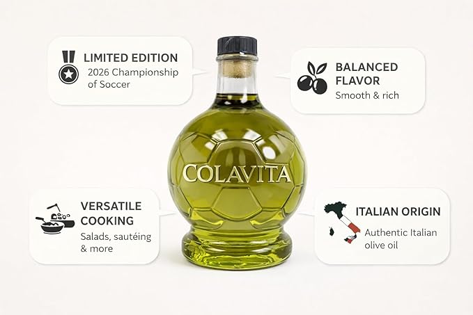 Colavita olive oil bottle with features highlighted on a white background