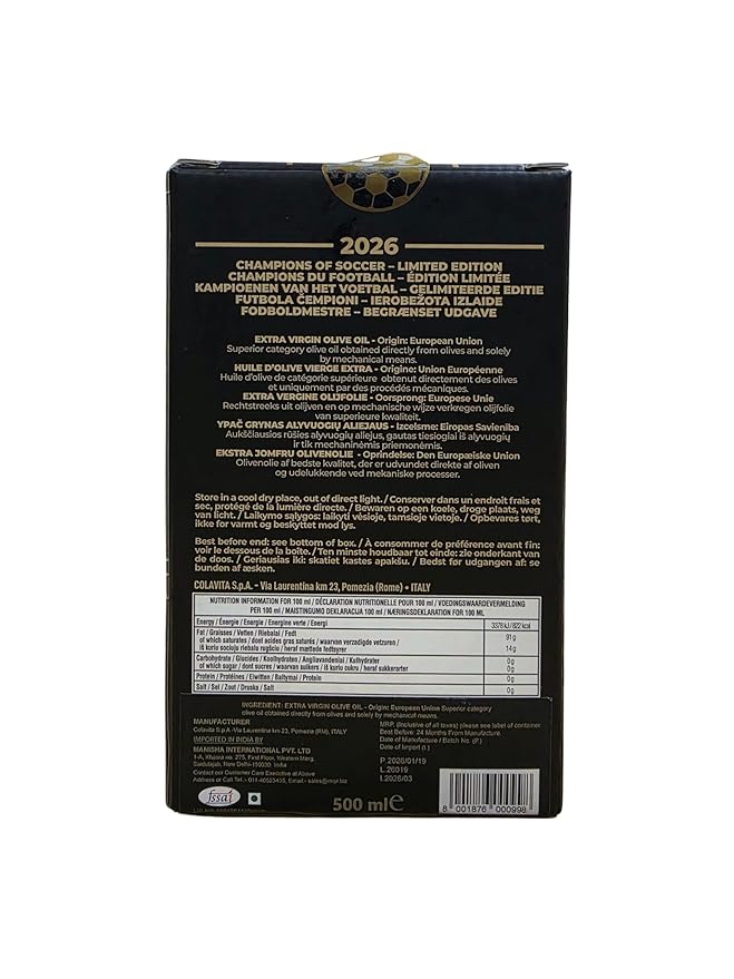 Back of a black olive oil packaging with text and branding