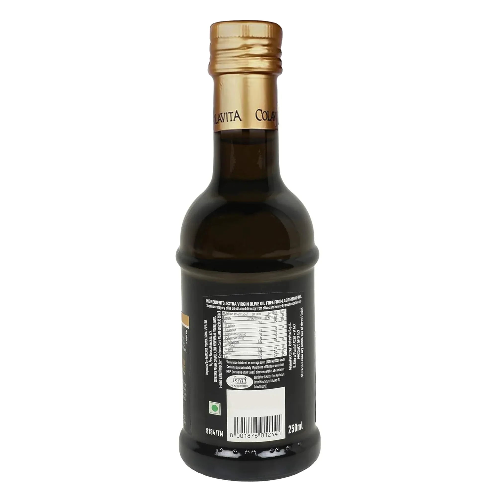 Bottle of olive oil with a gold cap on a white background