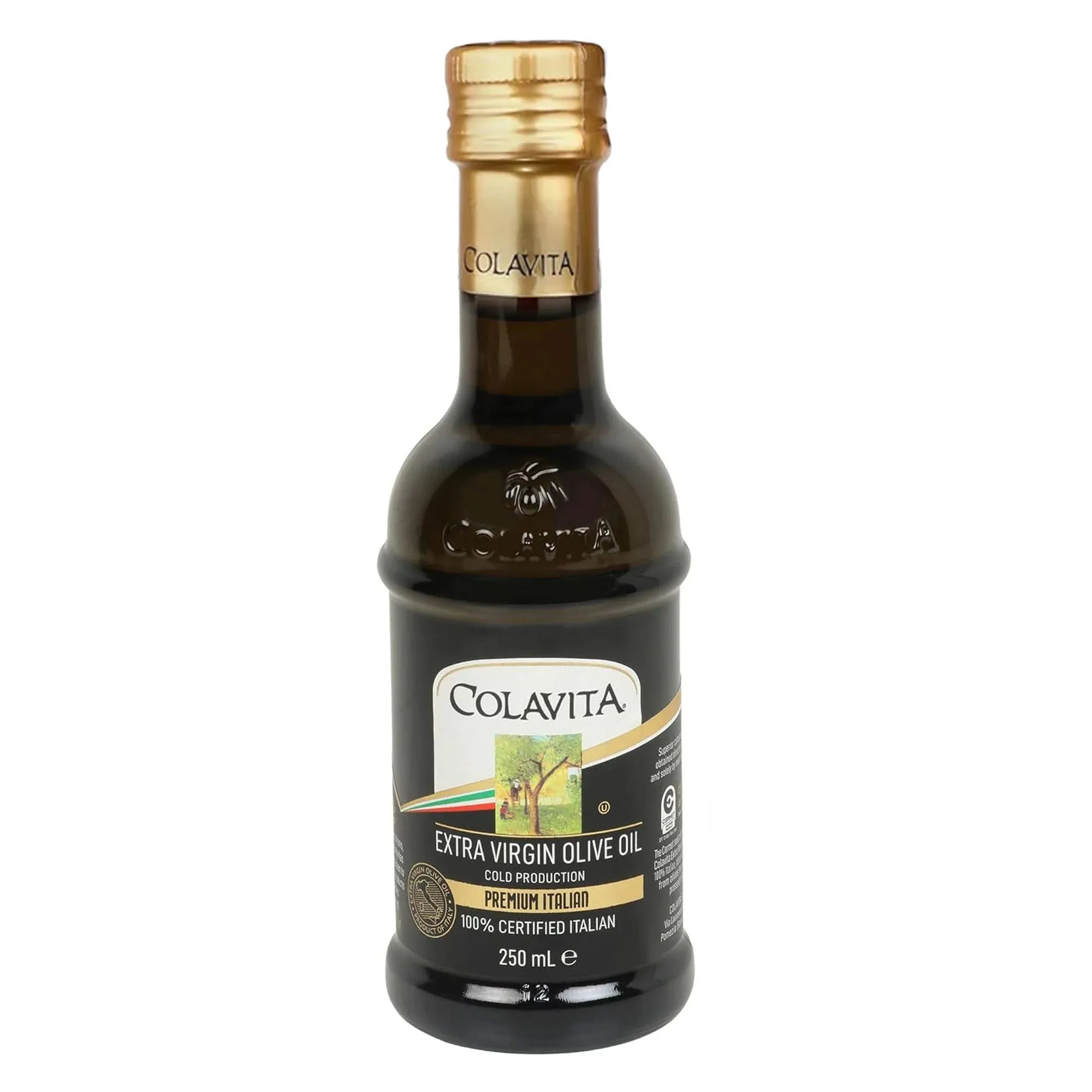 Colavita extra virgin olive oil bottle on a white background