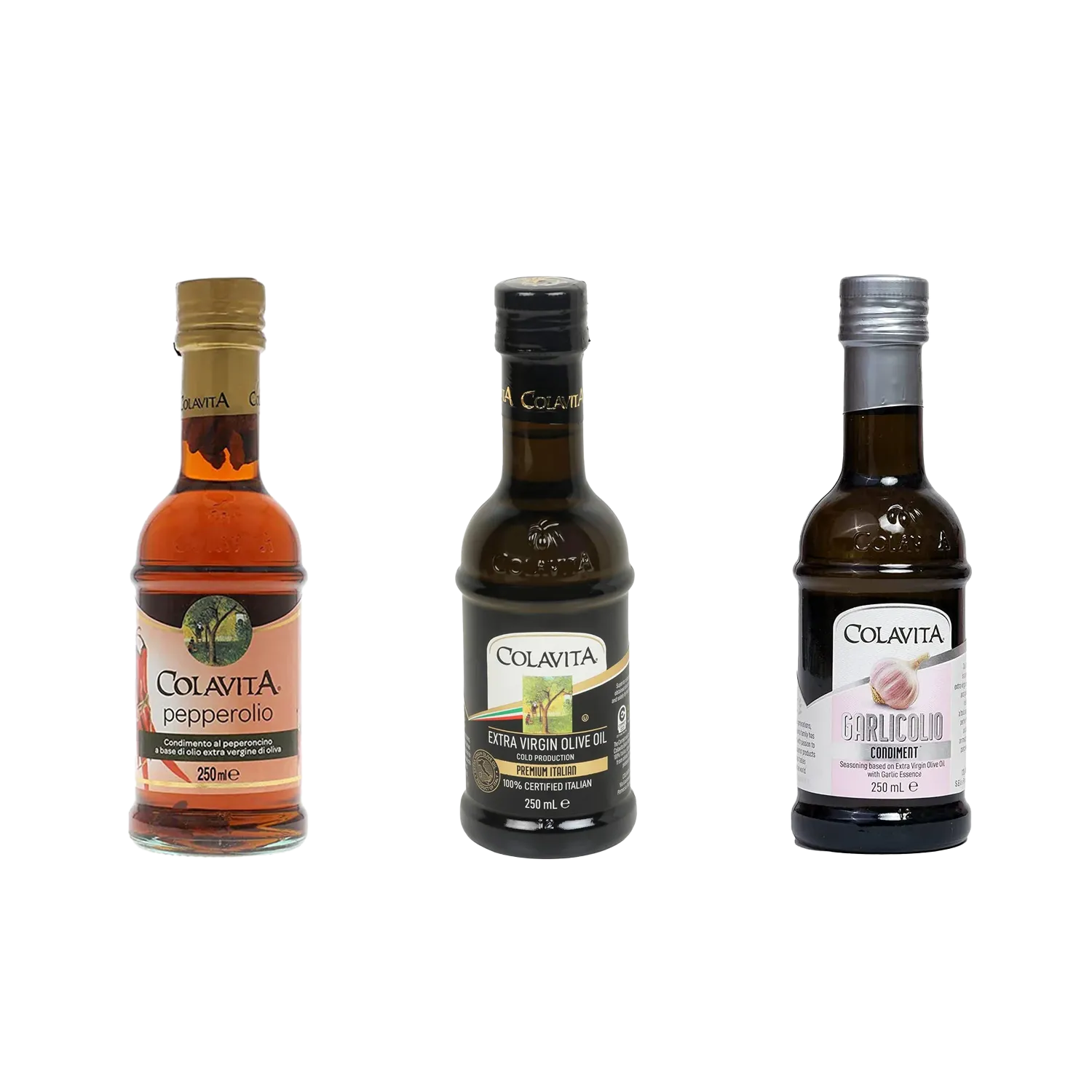 Colavita Best Combo Deal |  Garlicolio (250 ml), Pepperolio (250 ml) & Extra Virgin Olive Oil (250 ml