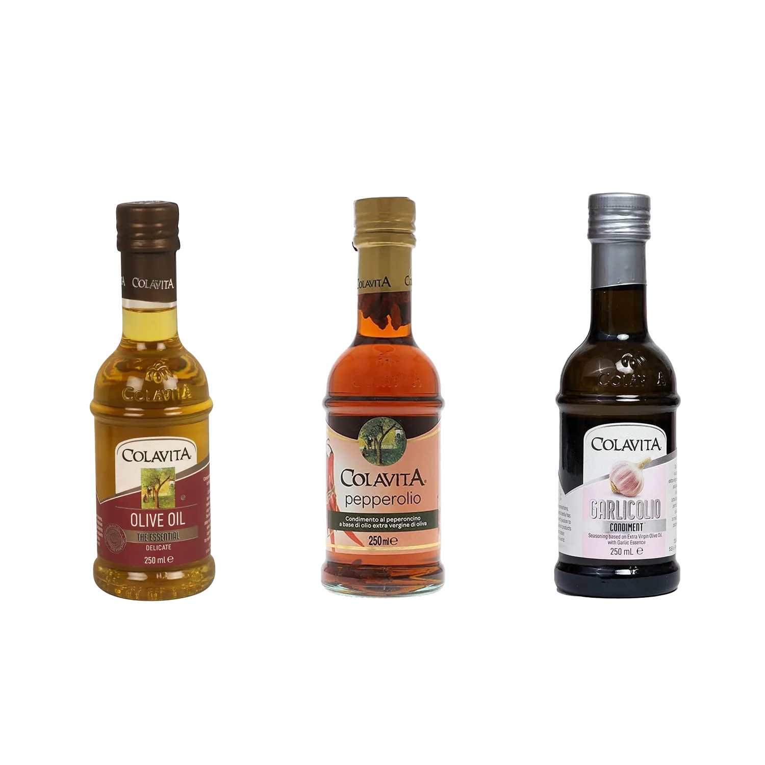 Colavita Best Combo Deal | Garlicolio (250 ml), Pepperolio (250 ml) & Pure Olive Oil (250 ml)