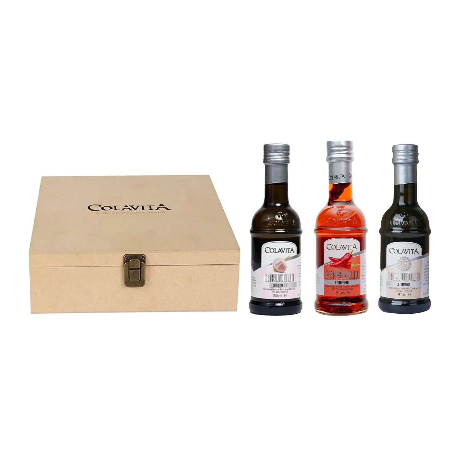 Colavita Italian Tartufolio/Truffle Flavoured Oil, Pepperolio & Garlicolio Olive Oil | Imported from Italy | Premium for Cooking, Salad Dressings and Marinades | Wooden Box Gift Set | 250 ml X 3