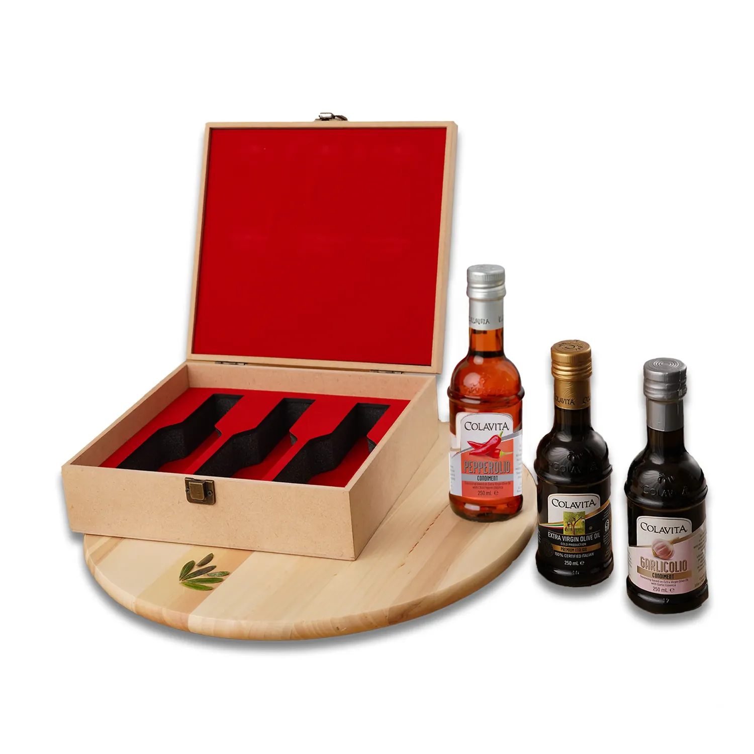 Colavita Luxury Edition | Olive Oil Gift Set - Pepperolio, Garlicolio, EVOO | Wooden Box | 3 x 250ml Bottles