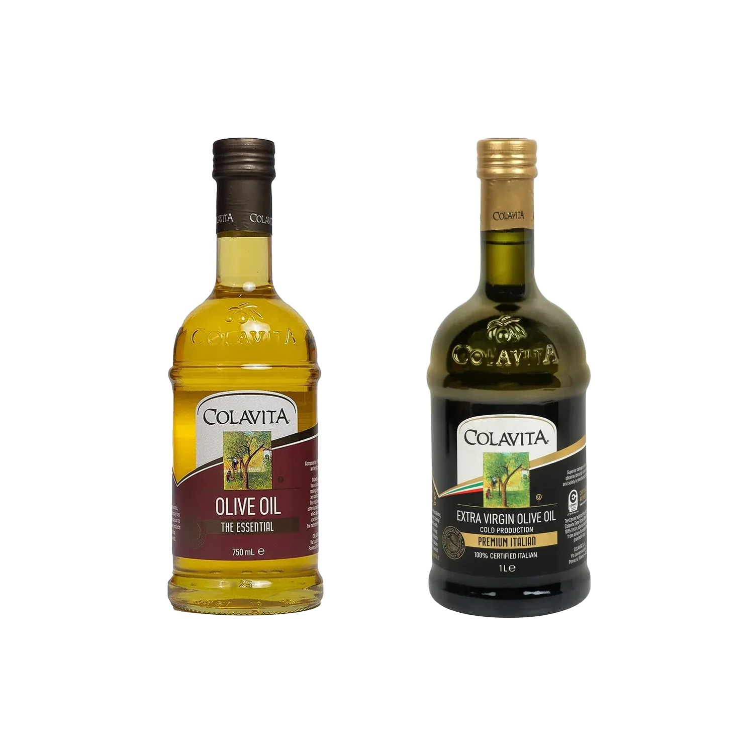 Two bottles of Colavita olive oil on a white background