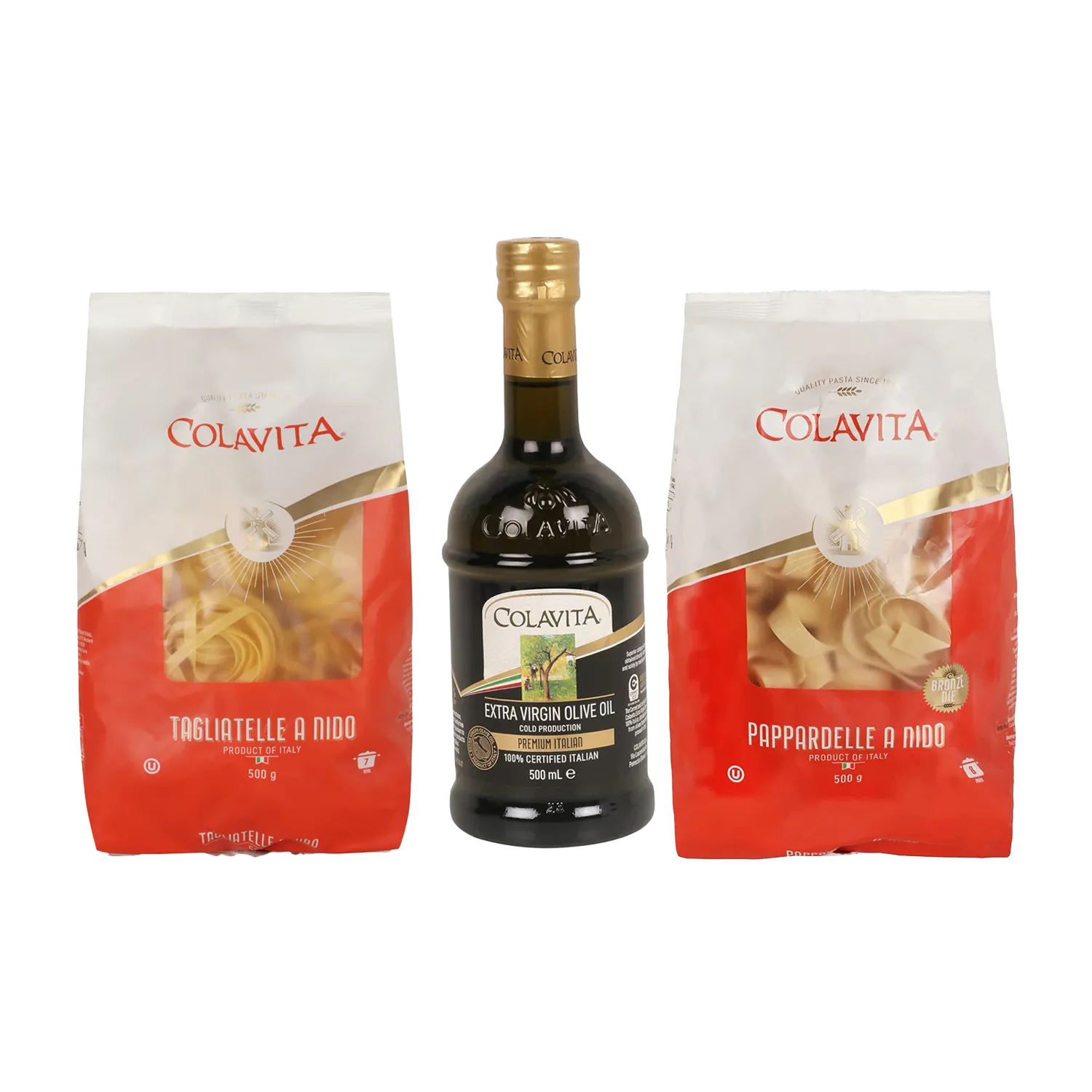 Colavita pasta and olive oil packaging on a white background