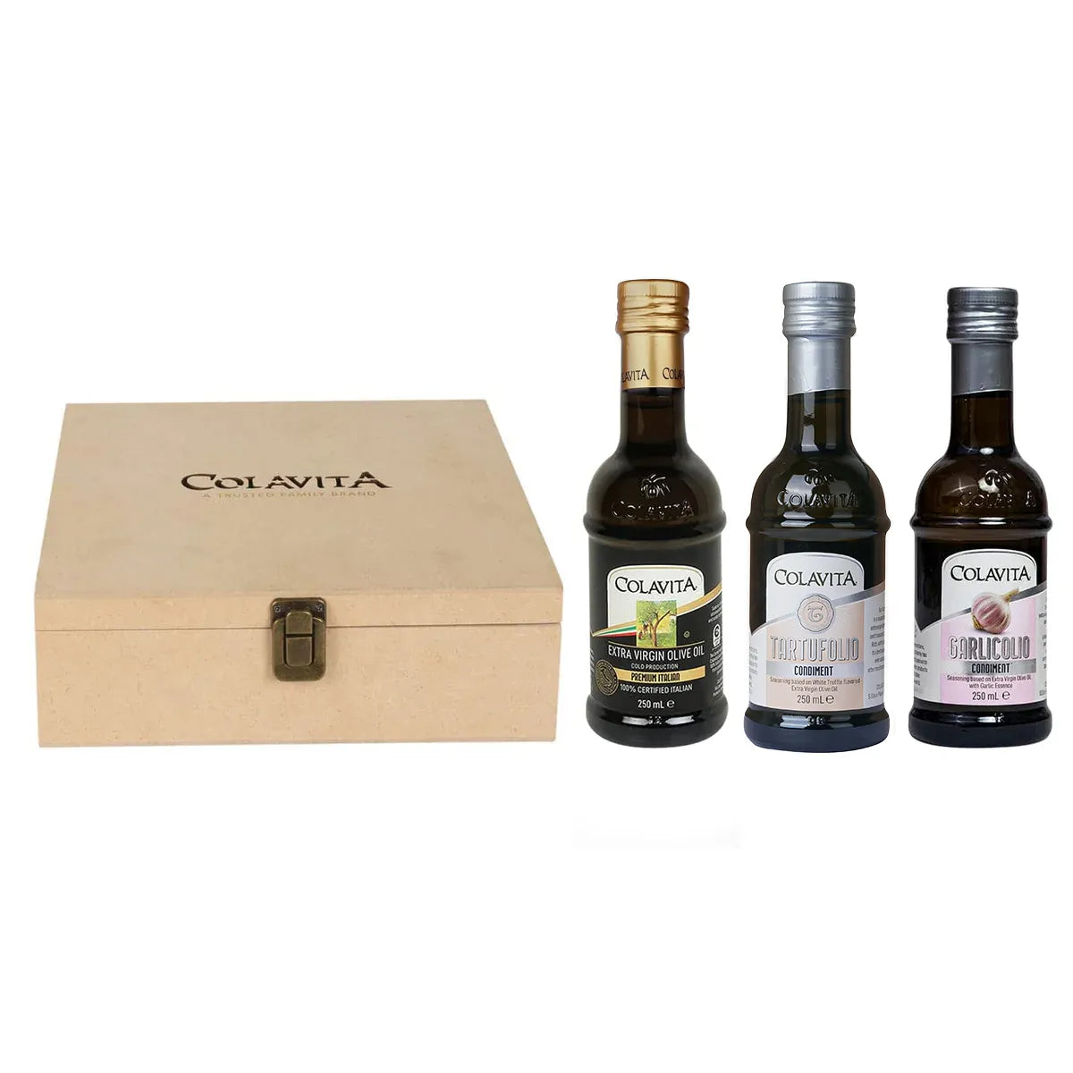 Colavita Premium Extra Virgin Olive Oil Gift Set – Italian Classic EVOO, Tartufolio & Garlicolio | Wooden Box | 3 x 250ml Bottles