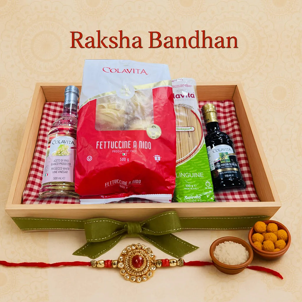 Raksha Bandhan Special Extra Virgin Olive Oil (250 ml), Prosecco Vinegar (500 ml), Organic Linguine Pasta (500g) & Fettuccine Pasta (500g) Gift Hamper with Rakhi