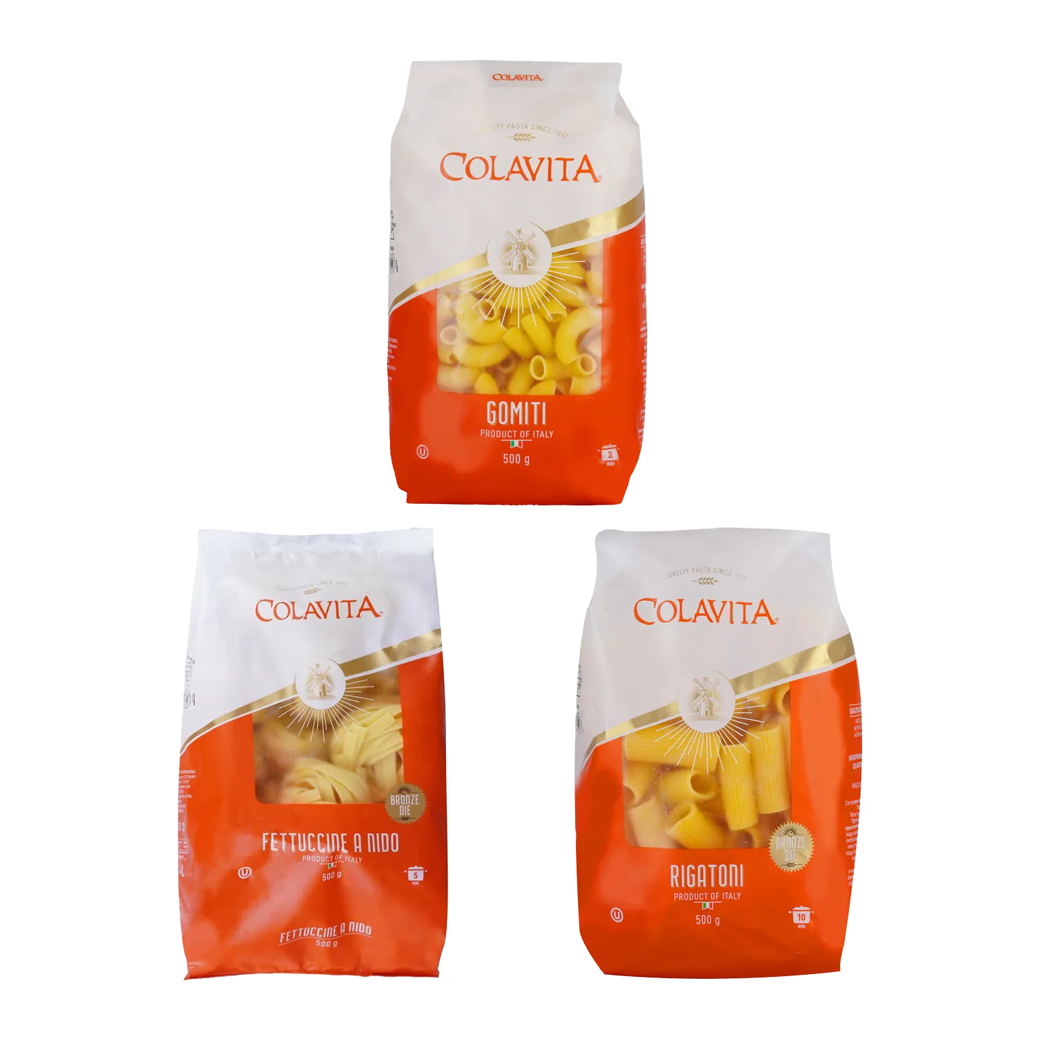Colavita Combo Deal | Fettuccine, Rigatoni & Gomiti | Authentic Durum Wheat Pasta | 500 g Each
