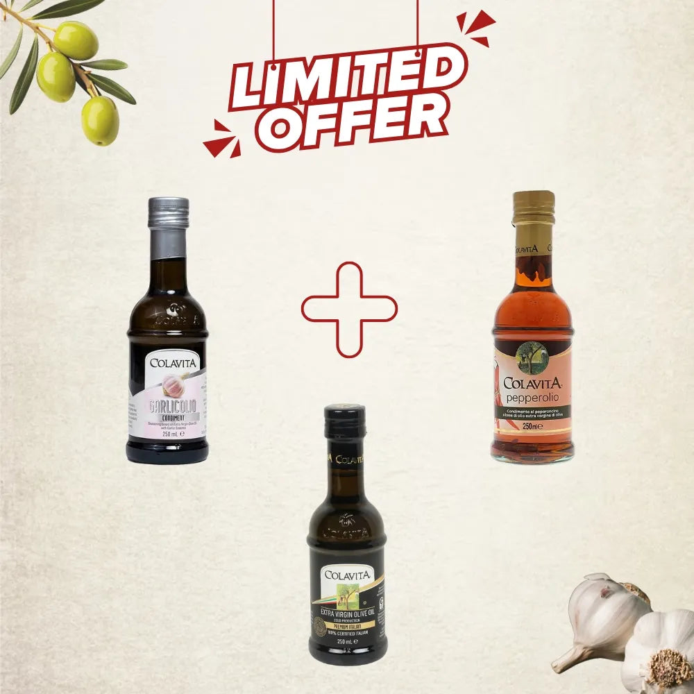 Colavita Best Combo Deal |  Garlicolio (250 ml), Pepperolio (250 ml) & Extra Virgin Olive Oil (250 ml