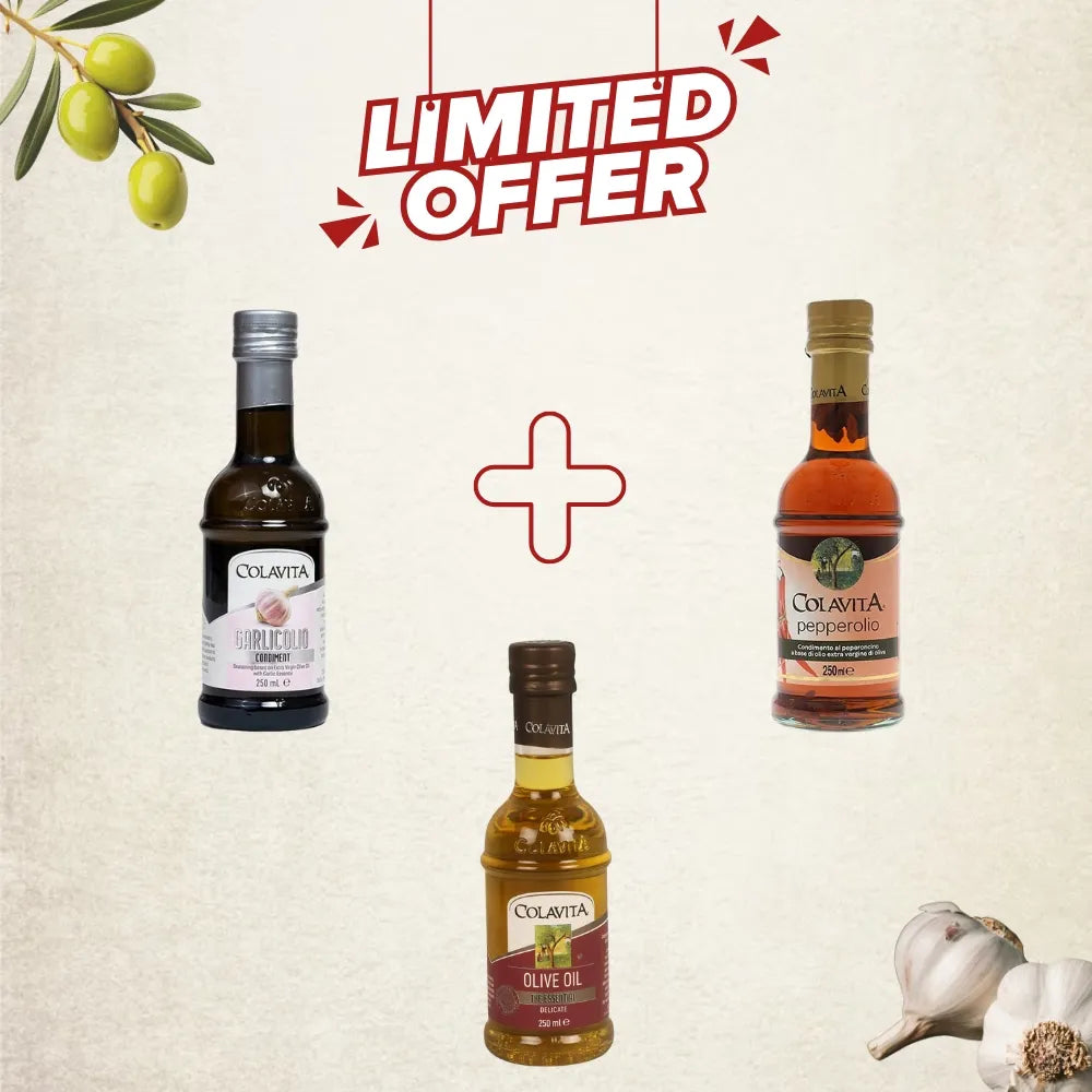 Colavita Best Combo Deal | Garlicolio (250 ml), Pepperolio (250 ml) & Pure Olive Oil (250 ml)