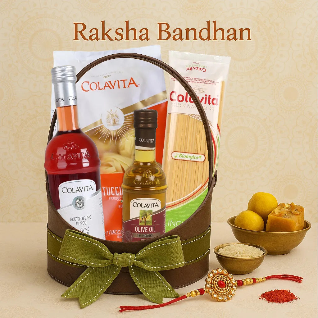 Raksha Bandhan Special Olive Oil (250 ml), Red Wine Vinegar (500 ml), Organic Linguine Pasta (500g) & Fettuccine Pasta (500g) Gift Hamper with Rakhi