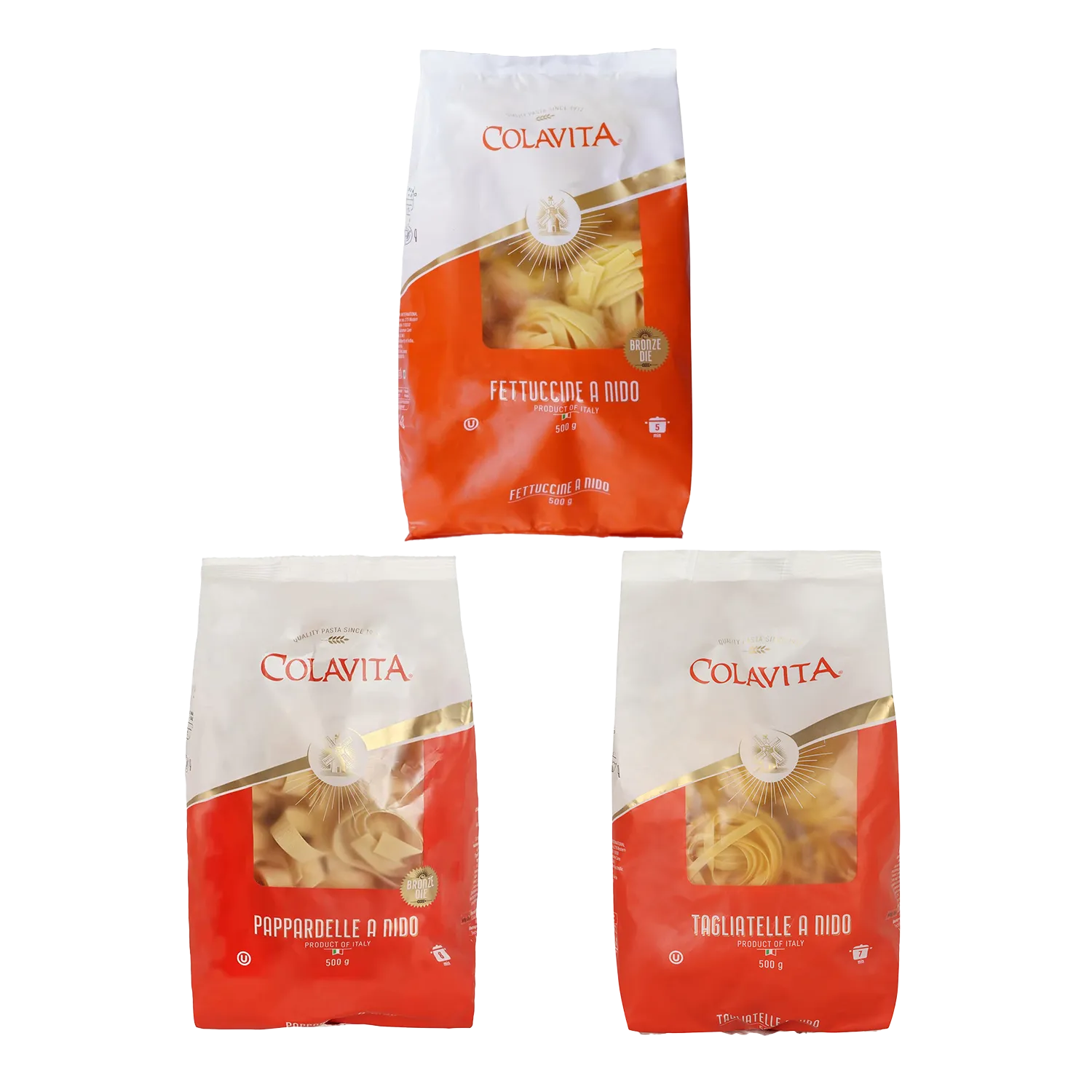 Three Colavita pasta packages on a white background