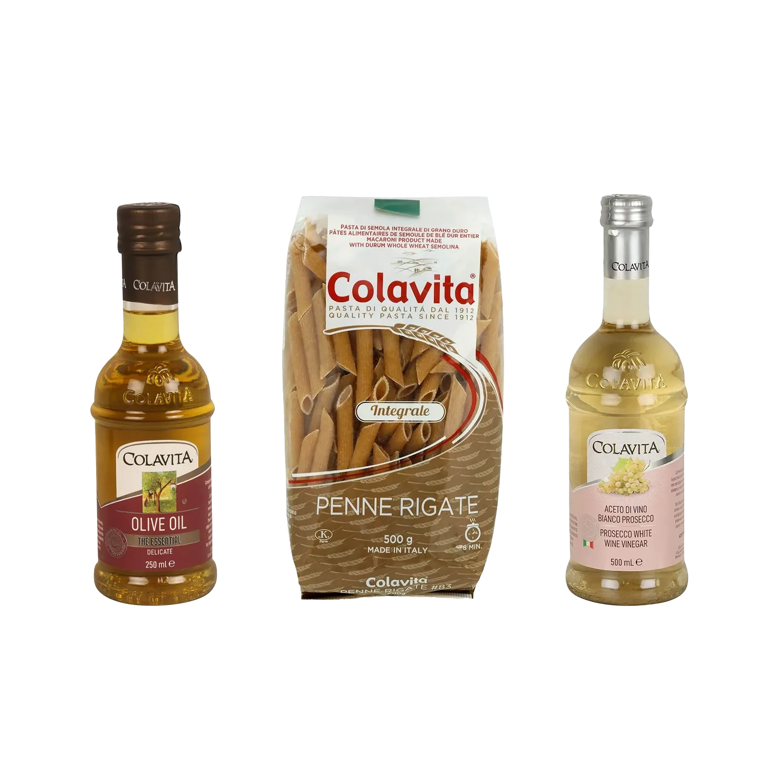 Colavita Best Combo Deal | Penne Rigate Whole Wheat Pasta (500 g), Prosecco White Wine Vinegar (500 g) with Pure Olive Oil (250 ml)