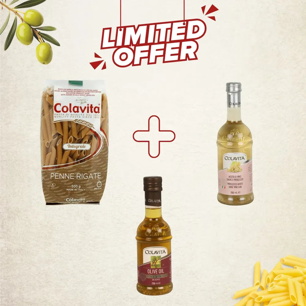 Colavita pasta and olive oil products with a 'Limited Offer' banner on a beige background.