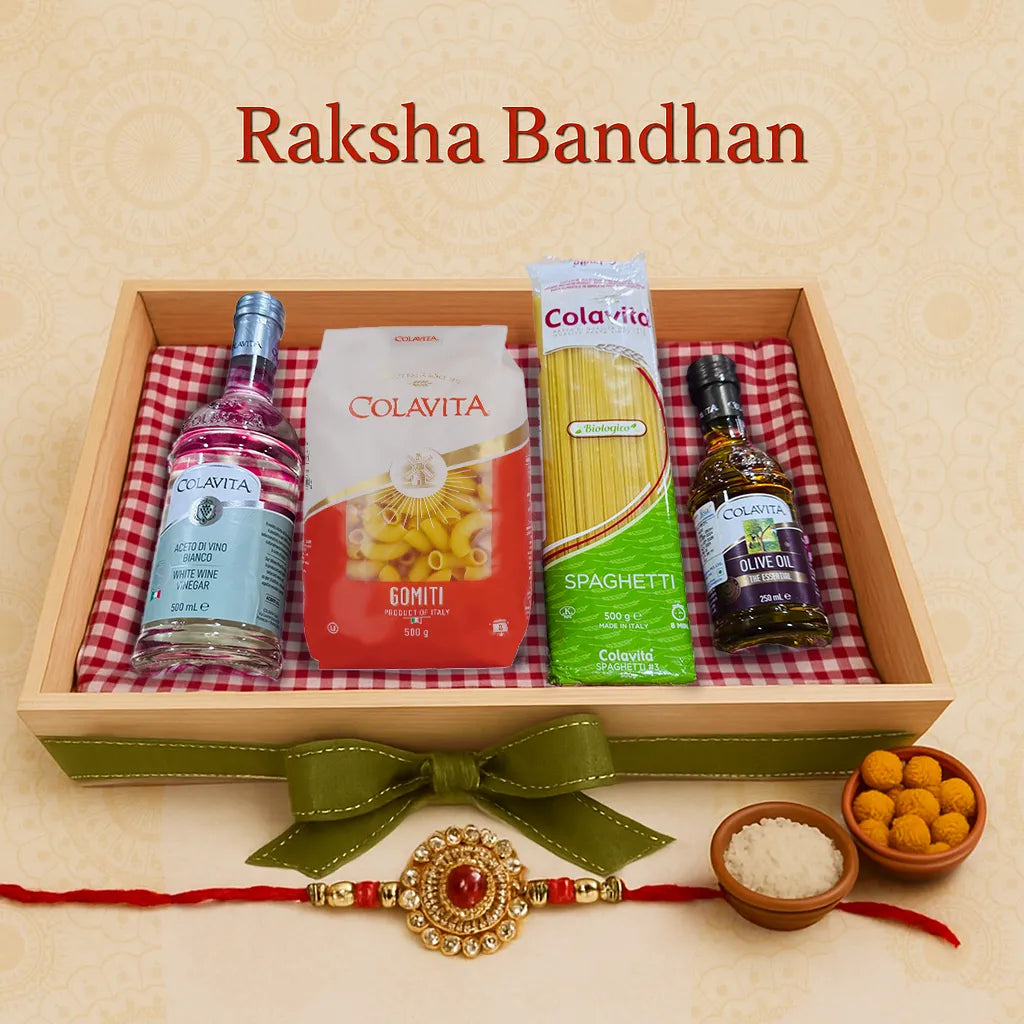 Raksha Bandhan Special Pure Olive Oil (250 ml), White Wine Vinegar (500 ml), Gomiti Pasta (500g), & Organic Spaghetti (500g) Gift Hamper with Rakhi