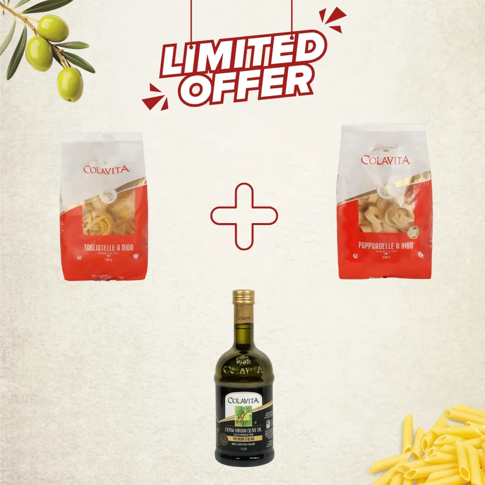 Colavita Best Combo Deal | Tagliatelle Pasta (500 g), Pappardelle Pasta (500 g) with  Extra Virgin Olive Oil (500 g)