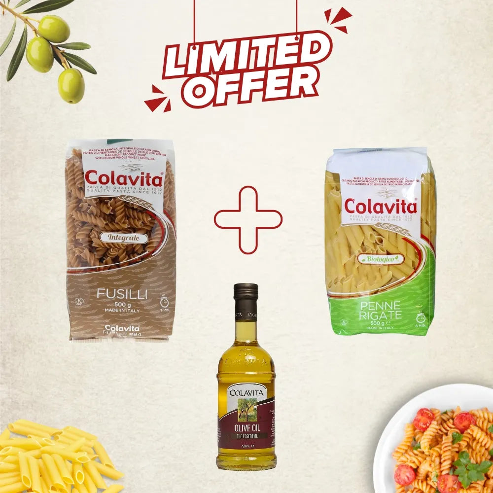 Colavita Best Combo Deal | Whole Wheat Fusilli (500 g), Organic Penne Pasta (500 g) and Pure Olive Oil (750 ml)