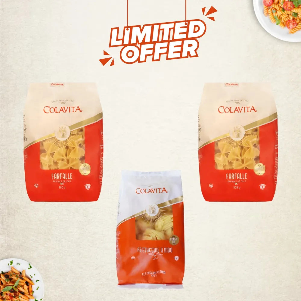 Three Colavita pasta packages with a 'Limited Offer' banner on a beige background.