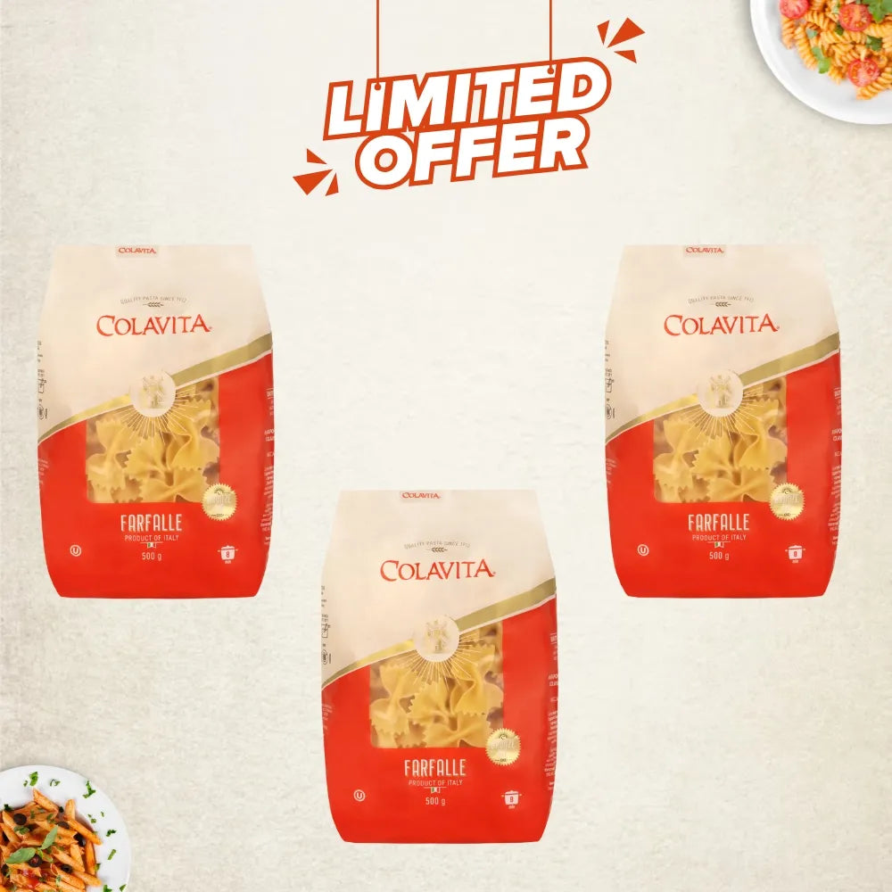 Three bags of Colavita Farfalle pasta with a 'Limited Offer' text on a beige background.
