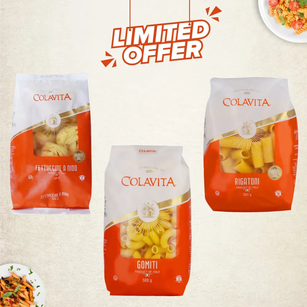 Colavita Combo Deal | Fettuccine, Rigatoni & Gomiti | Authentic Durum Wheat Pasta | 500 g Each