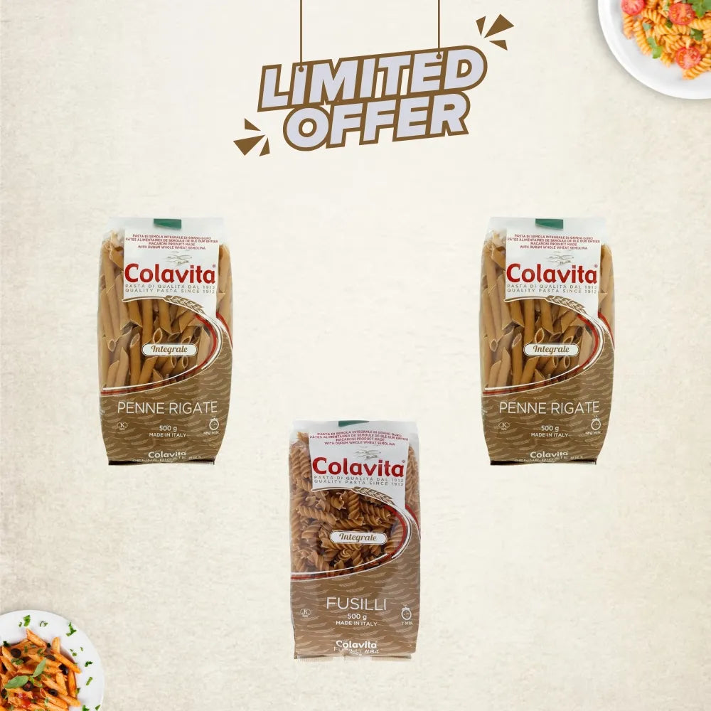 Three Colavita pasta packages on a beige background with 'Limited Offer' text.