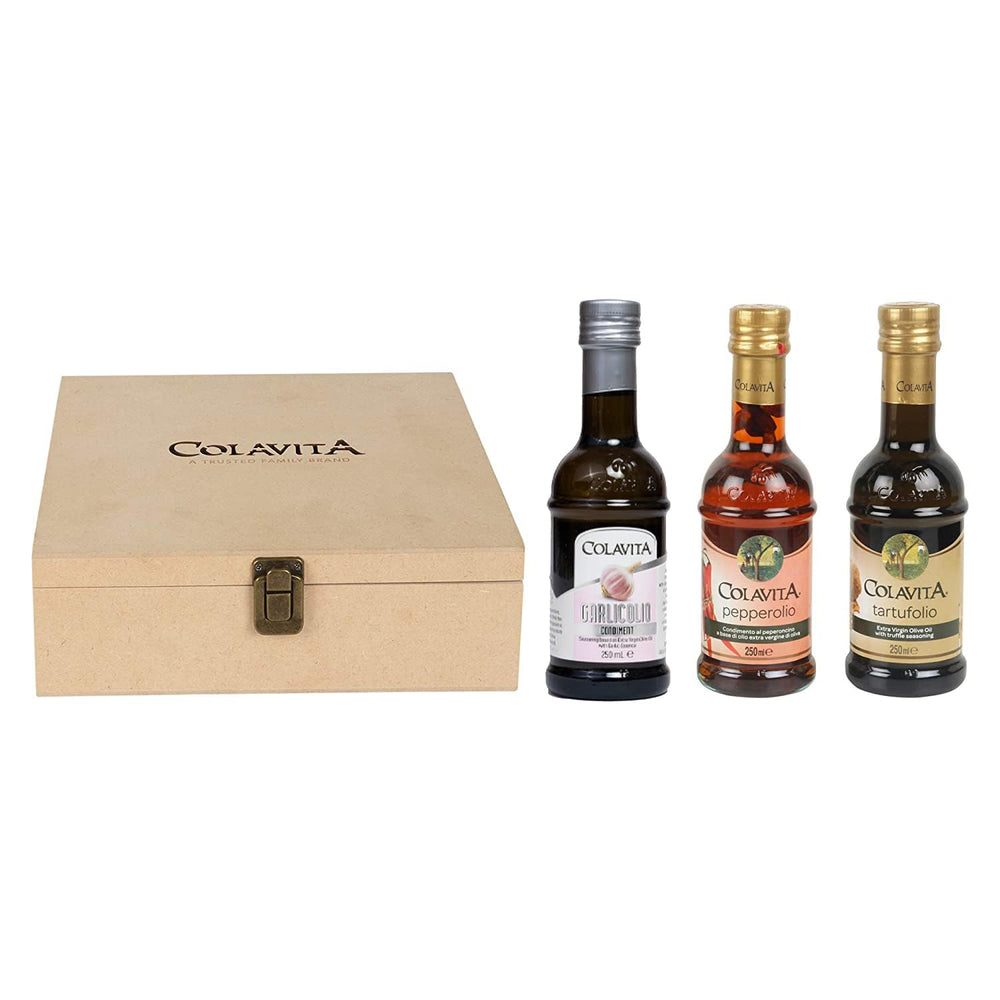 Colavita Italian Tartufolio/Truffle Flavoured Oil, Pepperolio & Garlicolio Olive Oil | Imported from Italy | Premium for Cooking, Salad Dressings and Marinades | Wooden Box Gift Set | 250 ml X 3