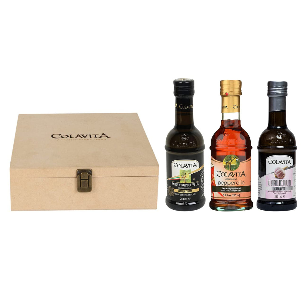 Colavita Italian Extra Virgin Olive Oil, Pepperolio & Garlicolio Extra Virgin Olive Oil | Imported from Italy | Premium for Cooking, Salad Dressings and Marinades | Wooden Box Gift Set | 250 ml X 3